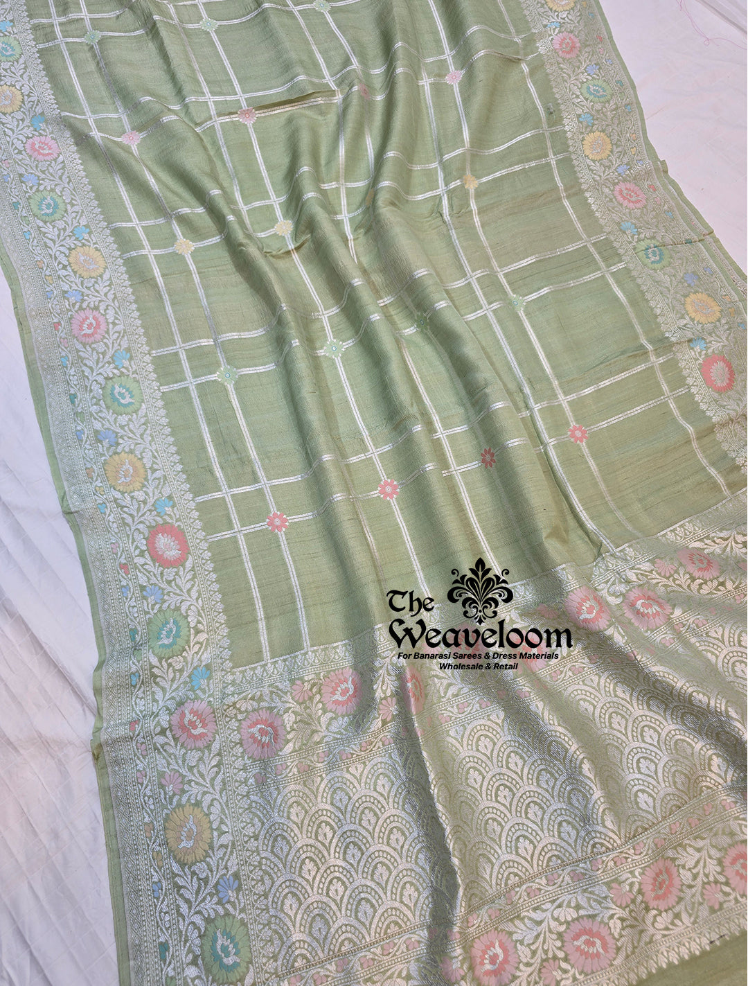 Pista Tussar Georgette Pure Banarasi Saree with intricate Meenakari work, featuring a 6.5-meter length and a running blouse, customizable in any colour of your choice.
