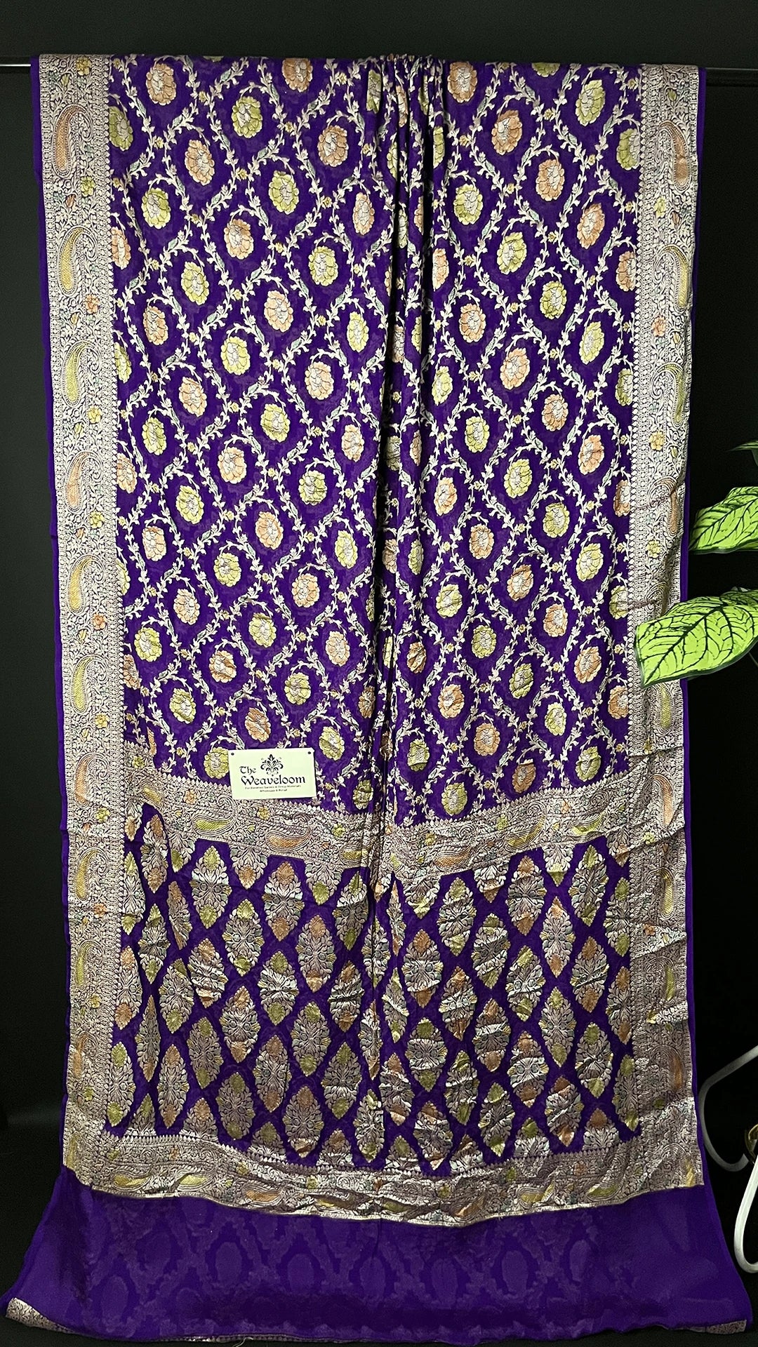 Violet Crepe Georgette Pure Banarasi Saree Floral Buti Paisley Border - The Weaveloom