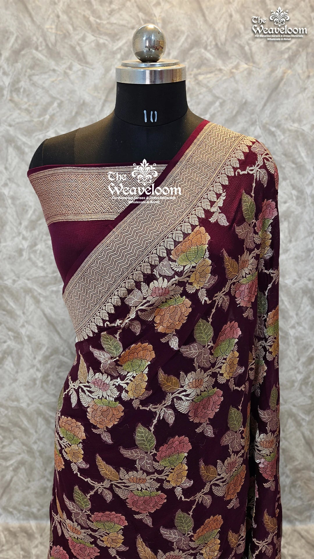 Khaddi Georgette Pure Banarasi Saree in Wine Colour with Water Zari, Floral Design, Customizable Colours, Free Shipping Available