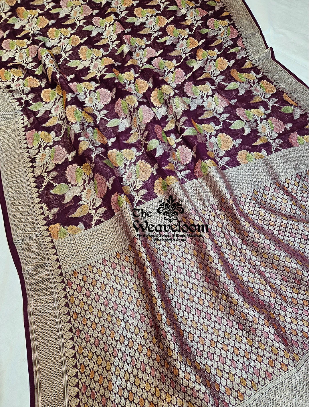 Khaddi Georgette Pure Banarasi Saree in Wine Colour with Water Zari, Floral Design, Customizable Colours, Free Shipping Available