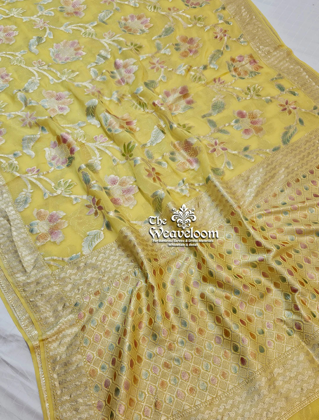 Yellow Khaddi Georgette Water Zari Pure Banarasi Saree by The Weaveloom
