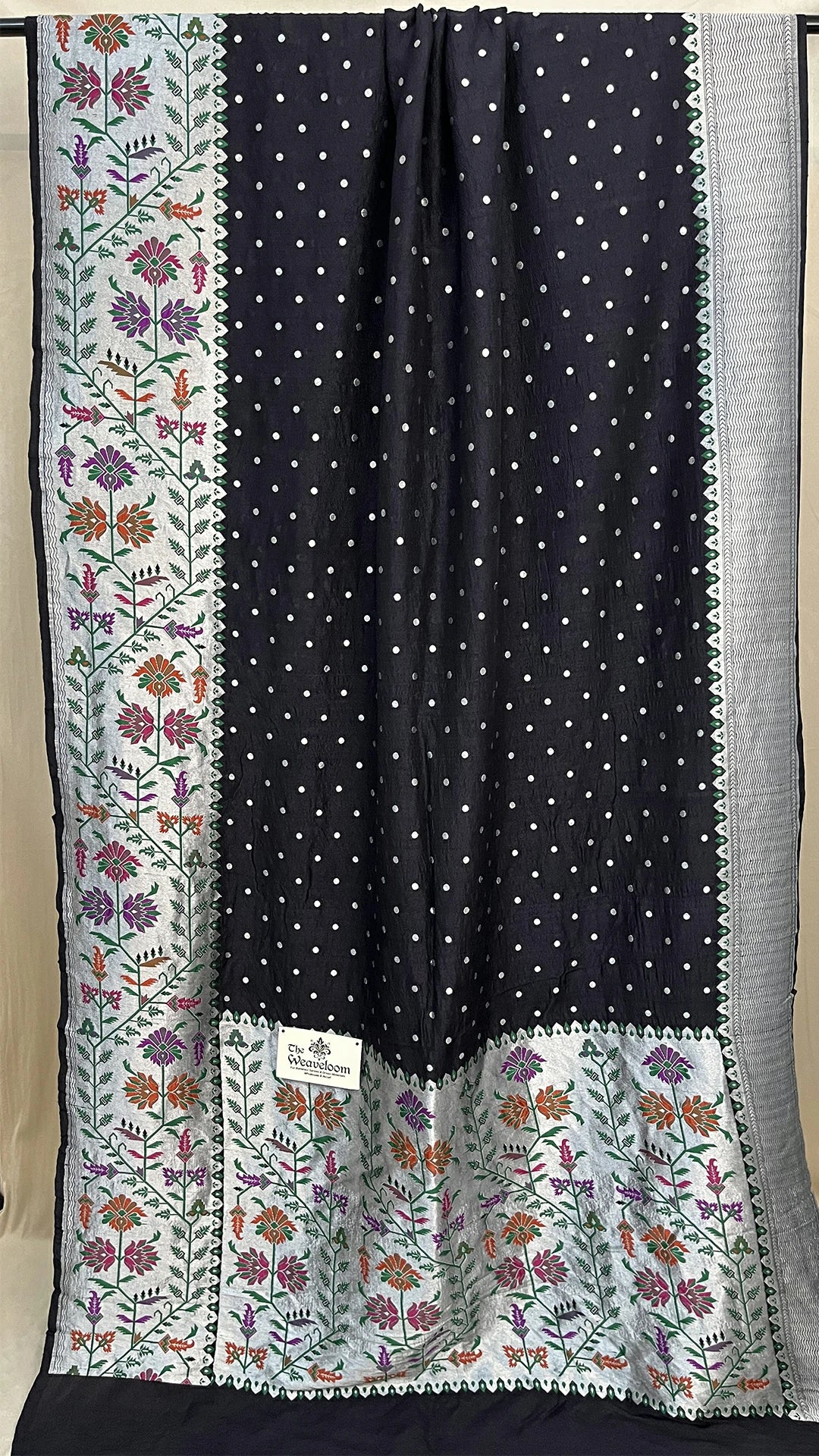 Black Pure Tussar Georgette Banarasi Saree with Meenakari Floral Border – The Weaveloom