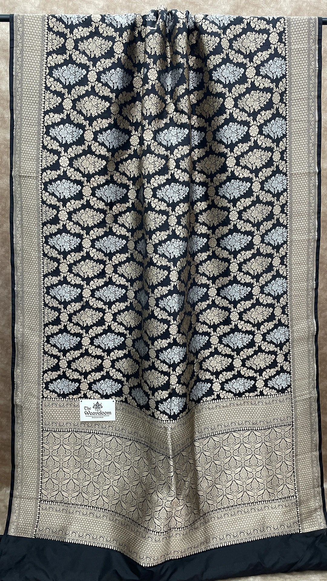 Nita Ambani Inspired Black Katan Silk Banarasi Saree with Gold and Silver Zari Floral Motifs by The Weaveloom
