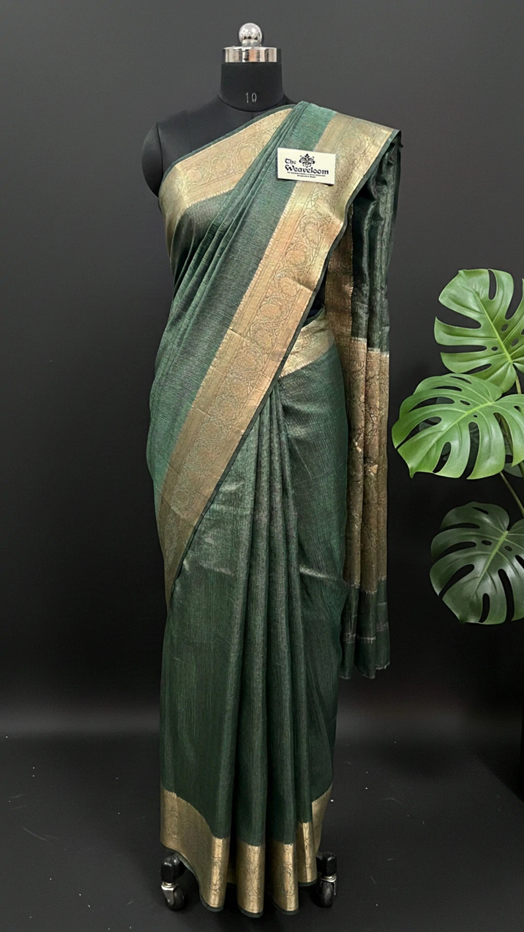 Bottle Green Crush Tissue Silk Pure Banarasi Saree with Gold Zari Border - The Weaveloom