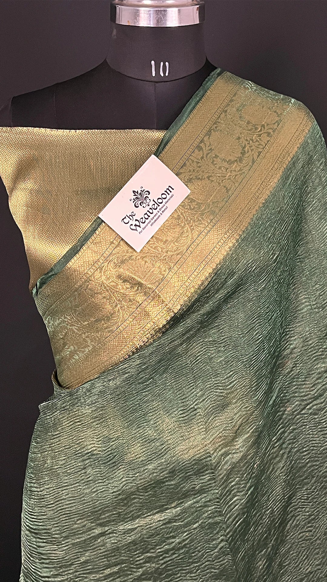 Bottle Green Crush Tissue Silk Pure Banarasi Saree with Gold Zari Border - The Weaveloom
