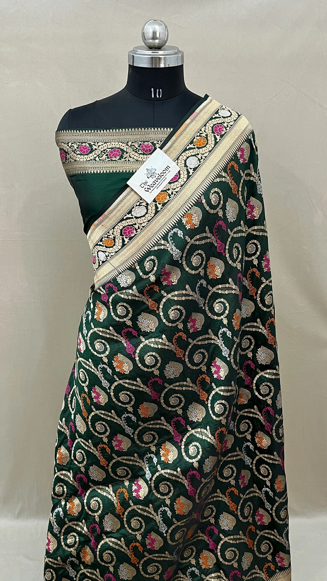 Bottle Green Pure Katan Silk Banarasi Saree with Meenakari Work by The Weaveloom – Wedding Wear Saree with Zari Border and Pallu