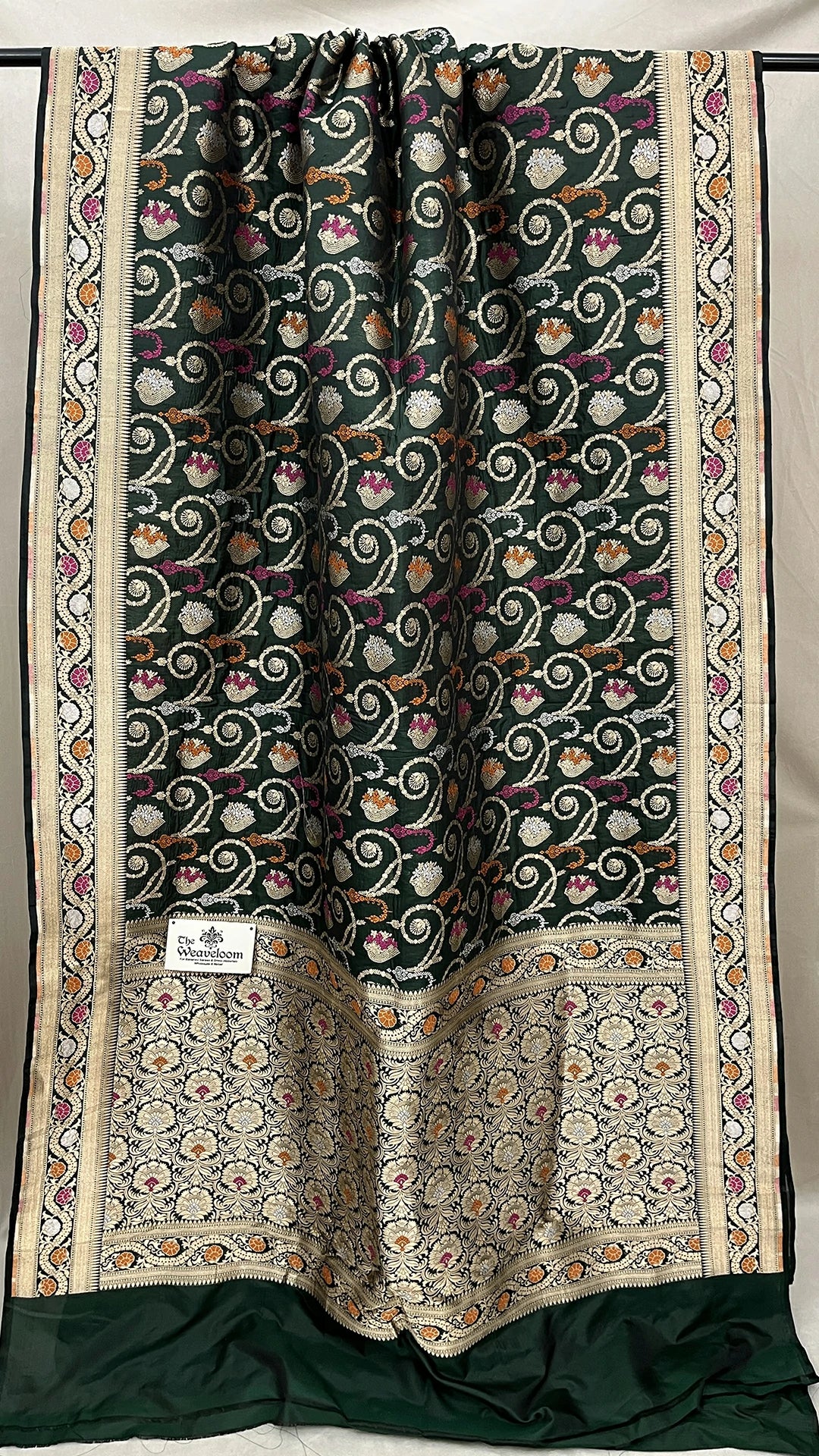 Bottle Green Pure Katan Silk Banarasi Saree with Meenakari Work by The Weaveloom – Wedding Wear Saree with Zari Border and Pallu