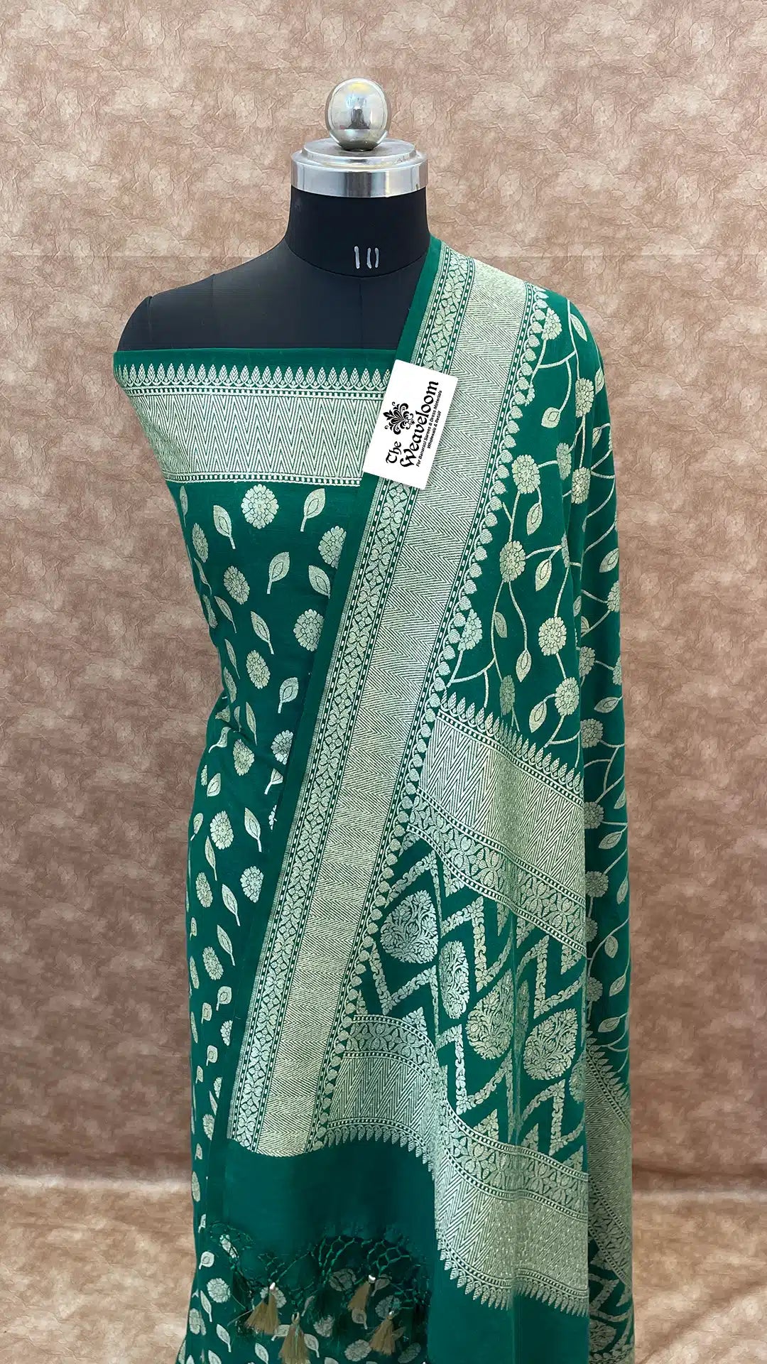 The Weaveloom bottle green Moonga silk unstitched dress material with Banarasi dupatta and silver zari