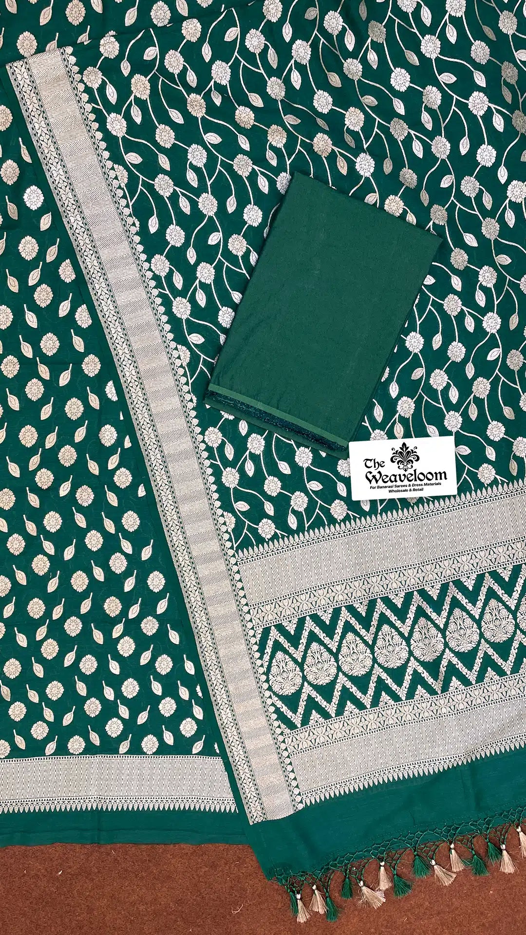 The Weaveloom bottle green Moonga silk unstitched dress material with Banarasi dupatta and silver zari
