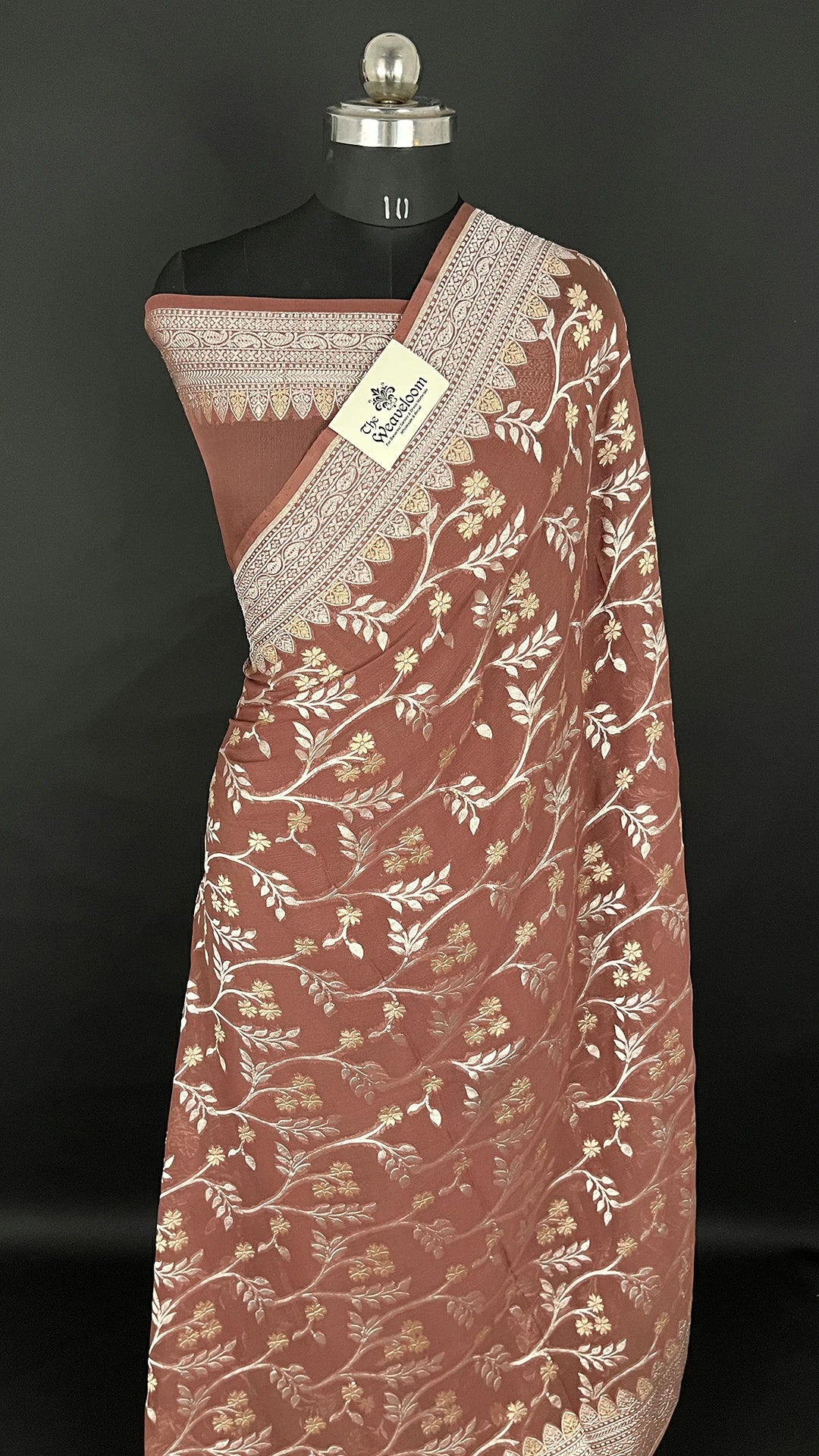 Brown Pure Khaddi Georgette Sona Rupa Zari Banarasi Saree full view