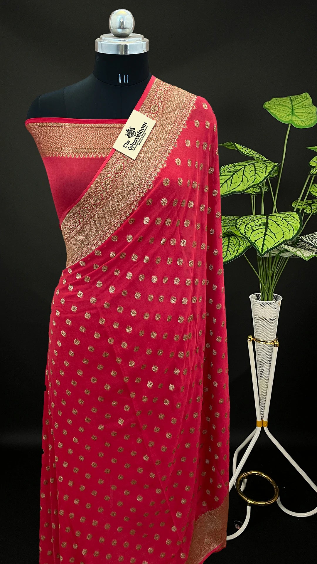 Cherry Pure Khaddi Georgette Banarasi Saree Antique Zari by The Weaveloom