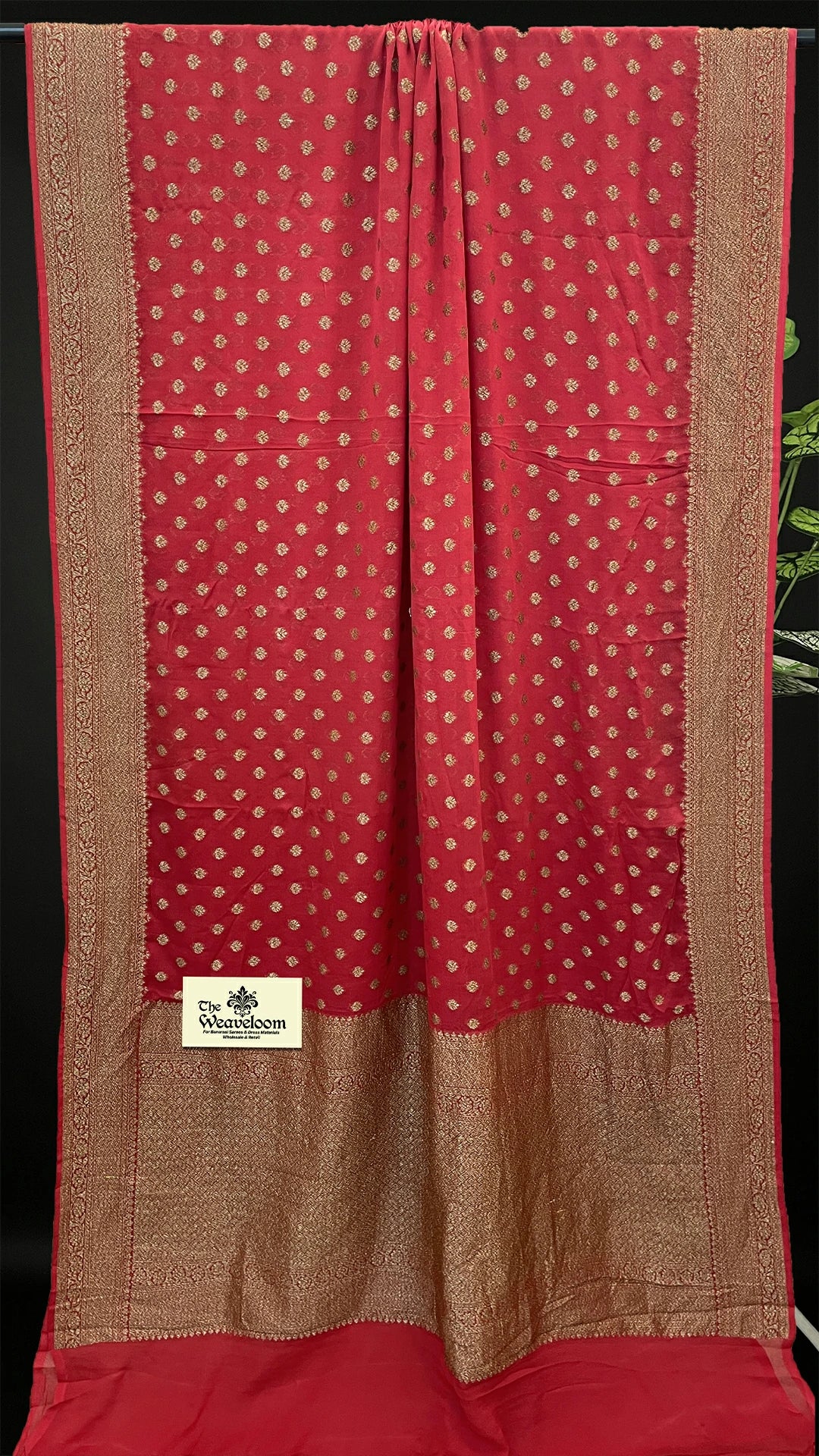 Cherry Pure Khaddi Georgette Banarasi Saree Antique Zari by The Weaveloom