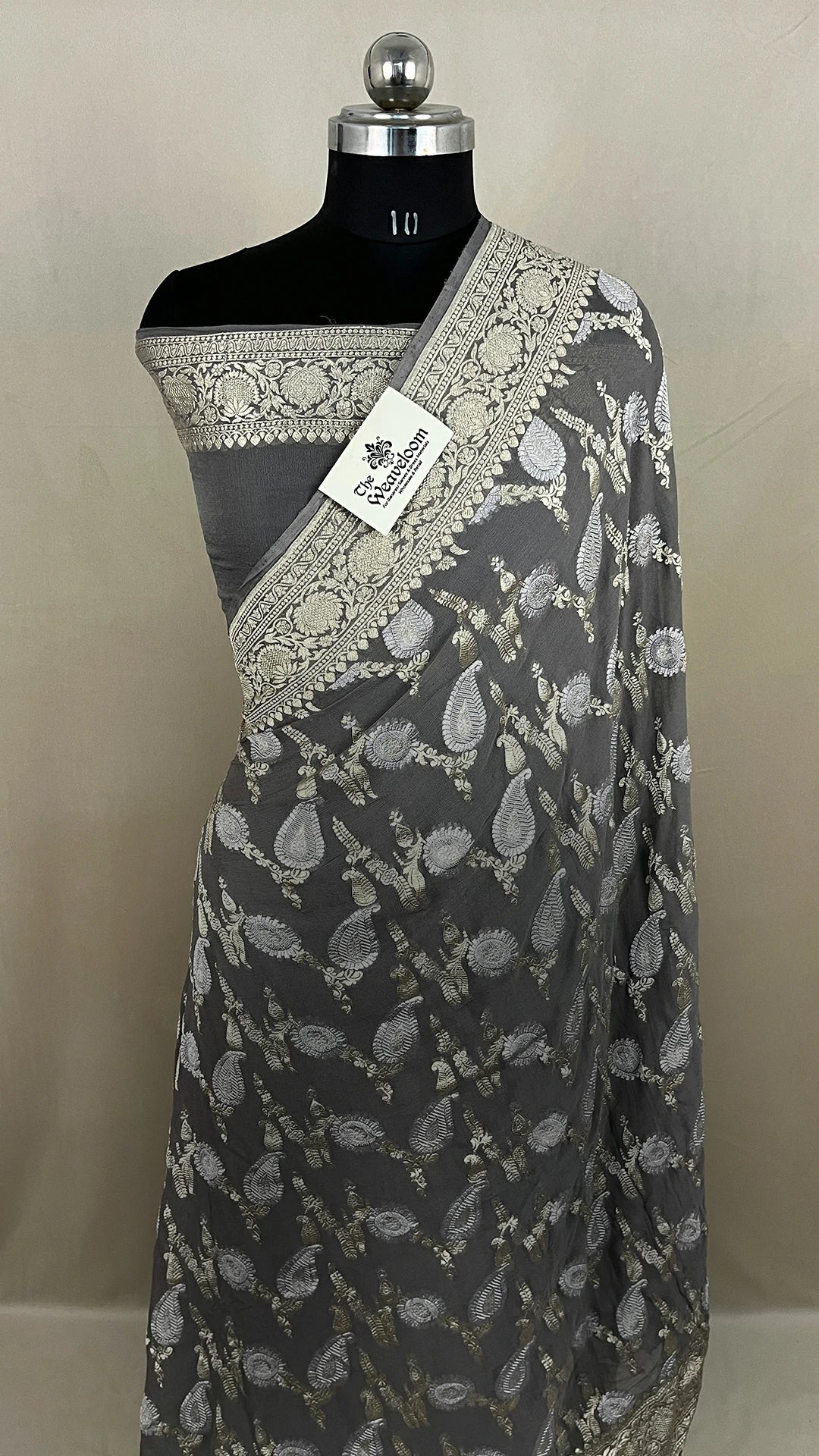 Dusty Grey Pure Khaddi Georgette Banarasi Saree With Sona Rupa Water Zari by The Weaveloom