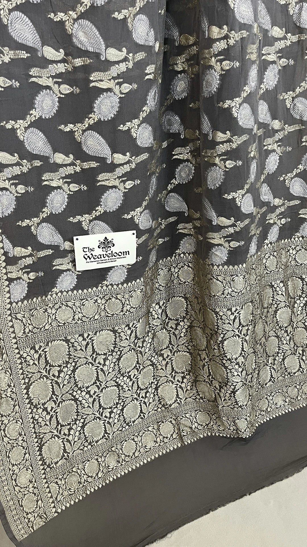 Dusty Grey Pure Khaddi Georgette Banarasi Saree With Sona Rupa Water Zari by The Weaveloom