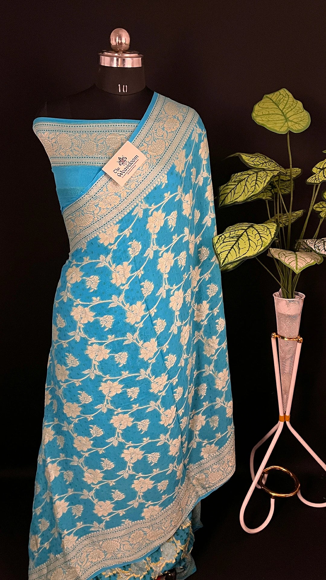 Firozi Pure Crepe Georgette Banarasi Saree with Meenakari Work by The Weaveloom