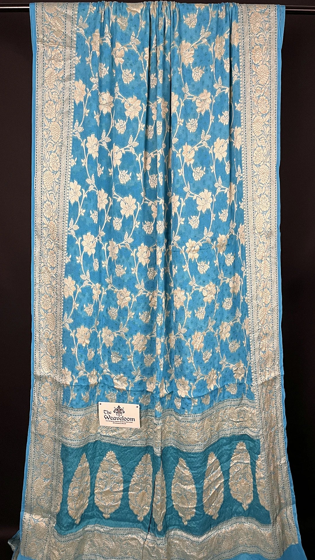 Firozi Pure Crepe Georgette Banarasi Saree with Meenakari Work by The Weaveloom