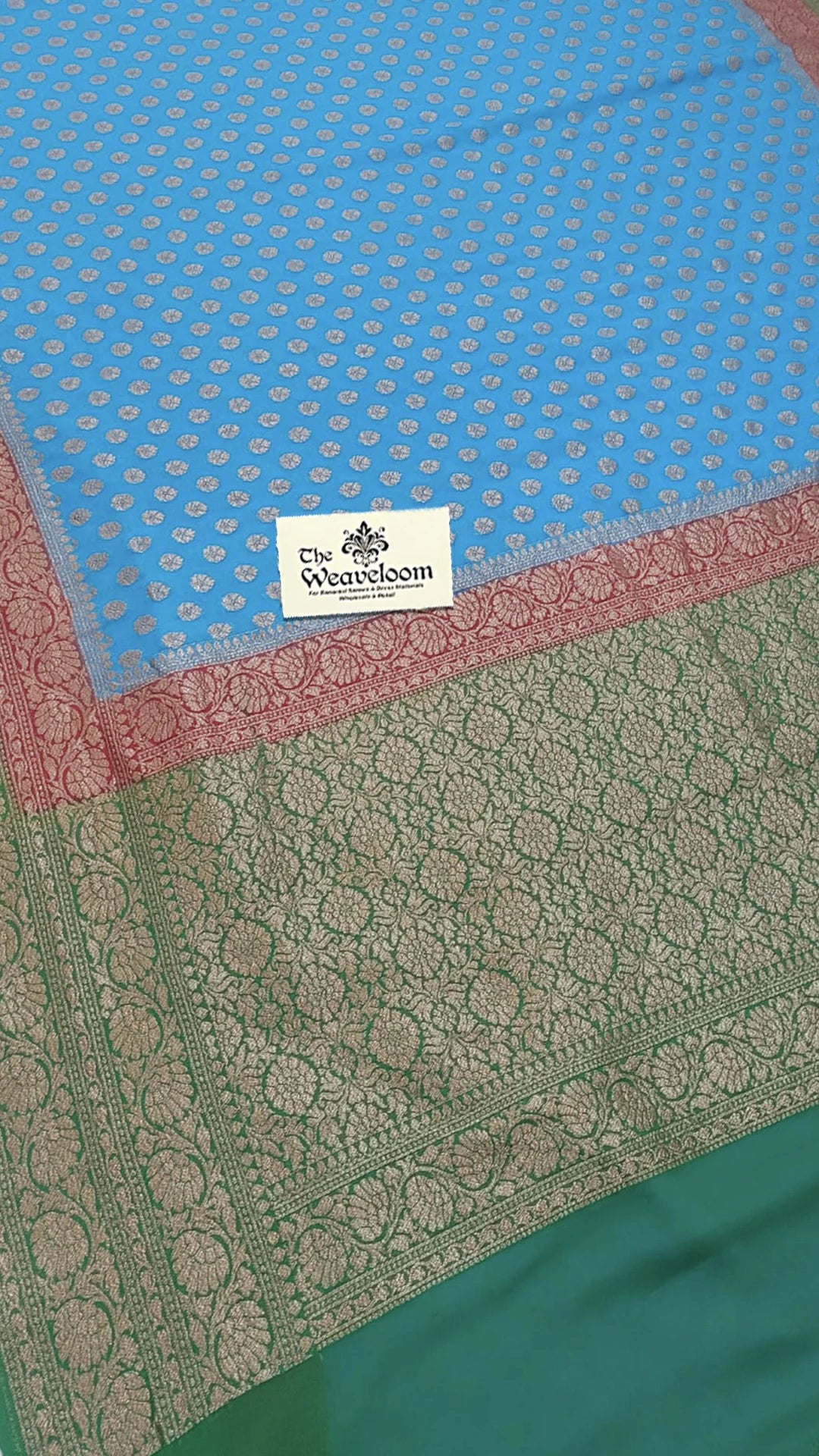 Firozi Pure Khaddi Georgette Antique Zari Banarasi Saree The Weaveloom