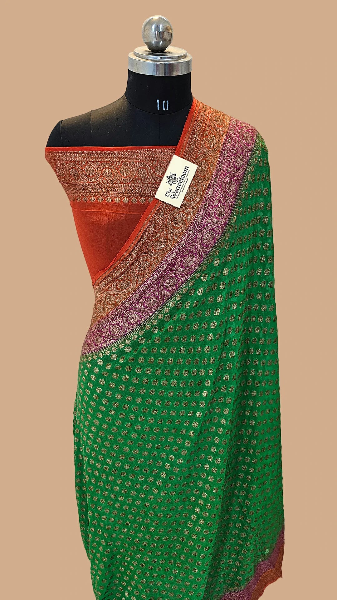 Green Pure Khaddi Georgette Antique Zari Banarasi Saree with running blouse by The Weaveloom
