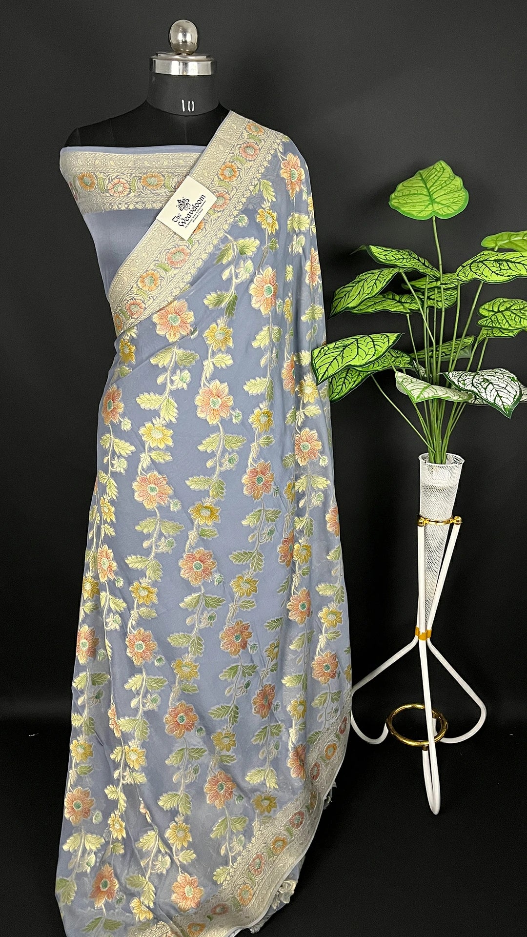 Grey Pure Viscose Georgette Saree with Handbrush Floral Work by The Weaveloom