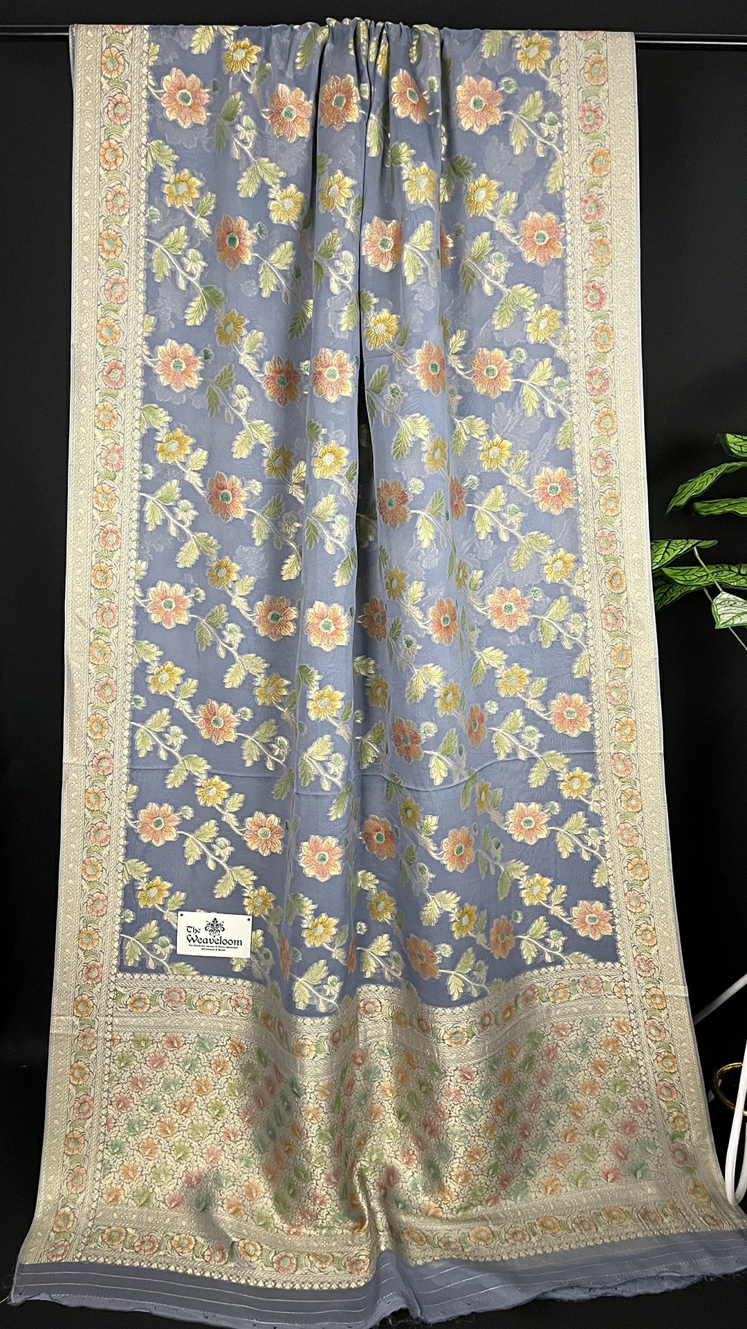 Grey Pure Viscose Georgette Saree with Handbrush Floral Work by The Weaveloom