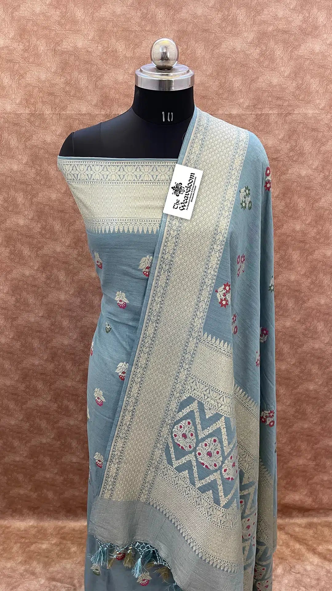 The Weaveloom grey pure Moonga silk meenakari Banarasi dress material with dupatta
