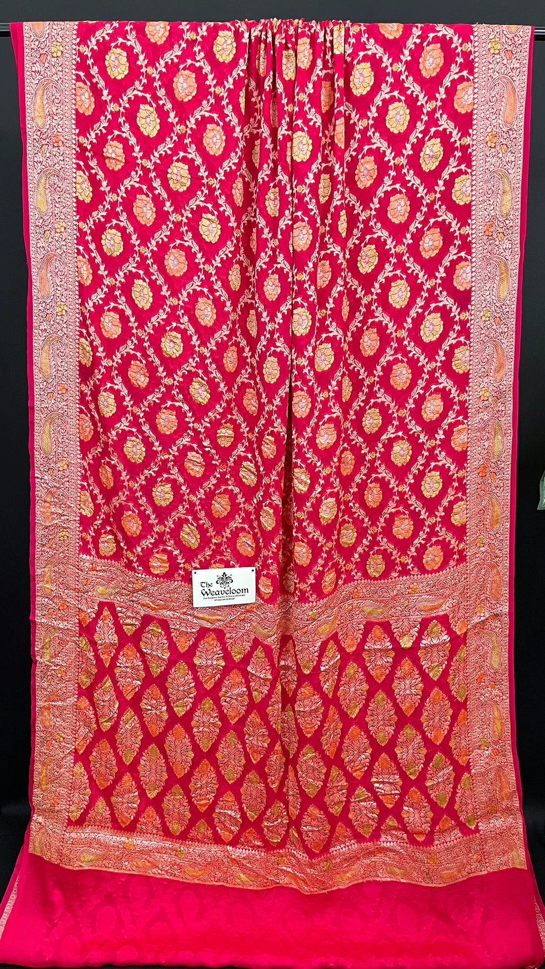 Hot Pink Crepe Georgette Pure Banarasi Saree Handbrush Zari Floral Jaal - The Weaveloom