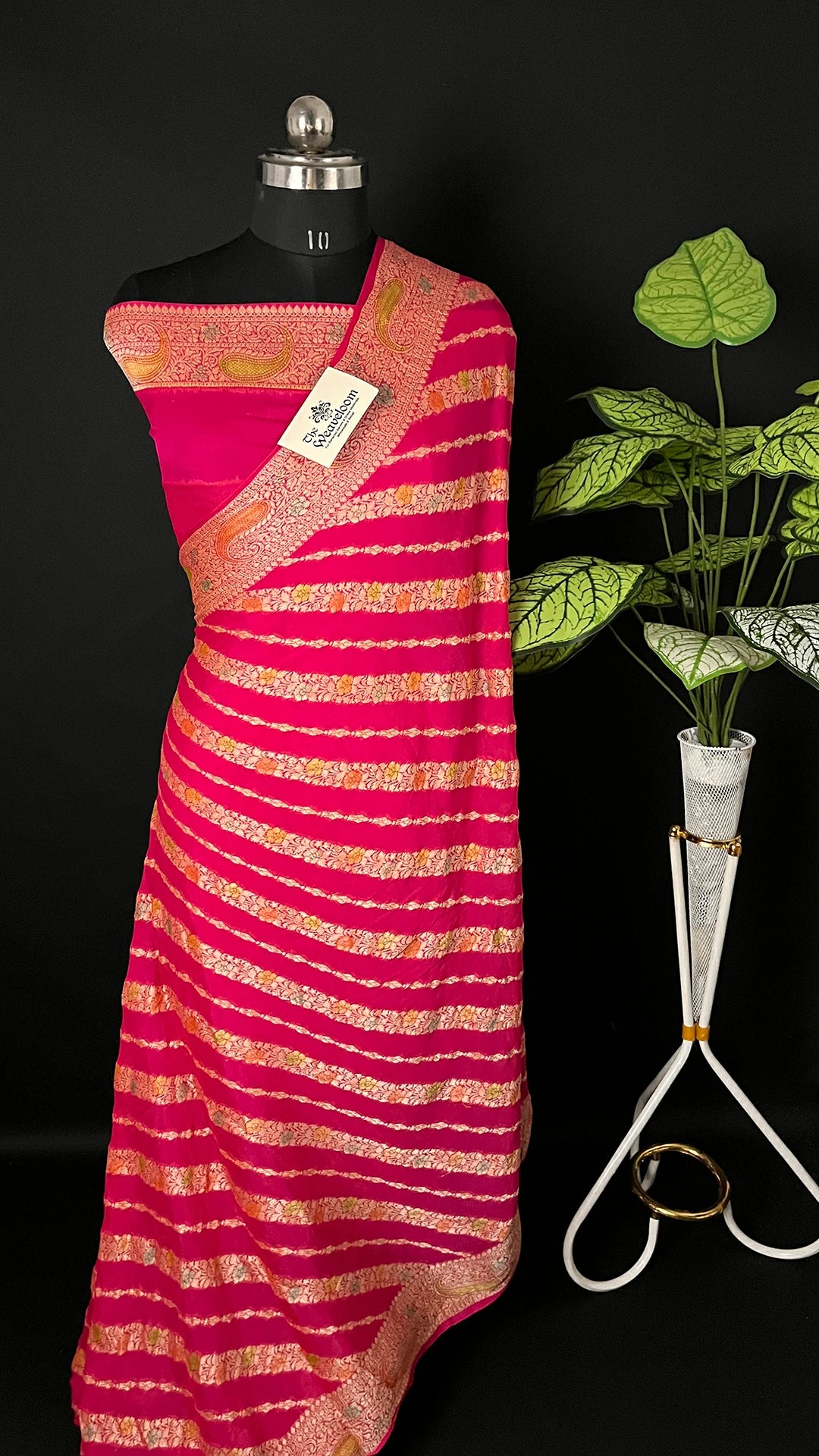 The Weaveloom - Hot Pink Pure Crepe Georgette Banarasi Saree with Handbrush Zari Work and Paisley Border