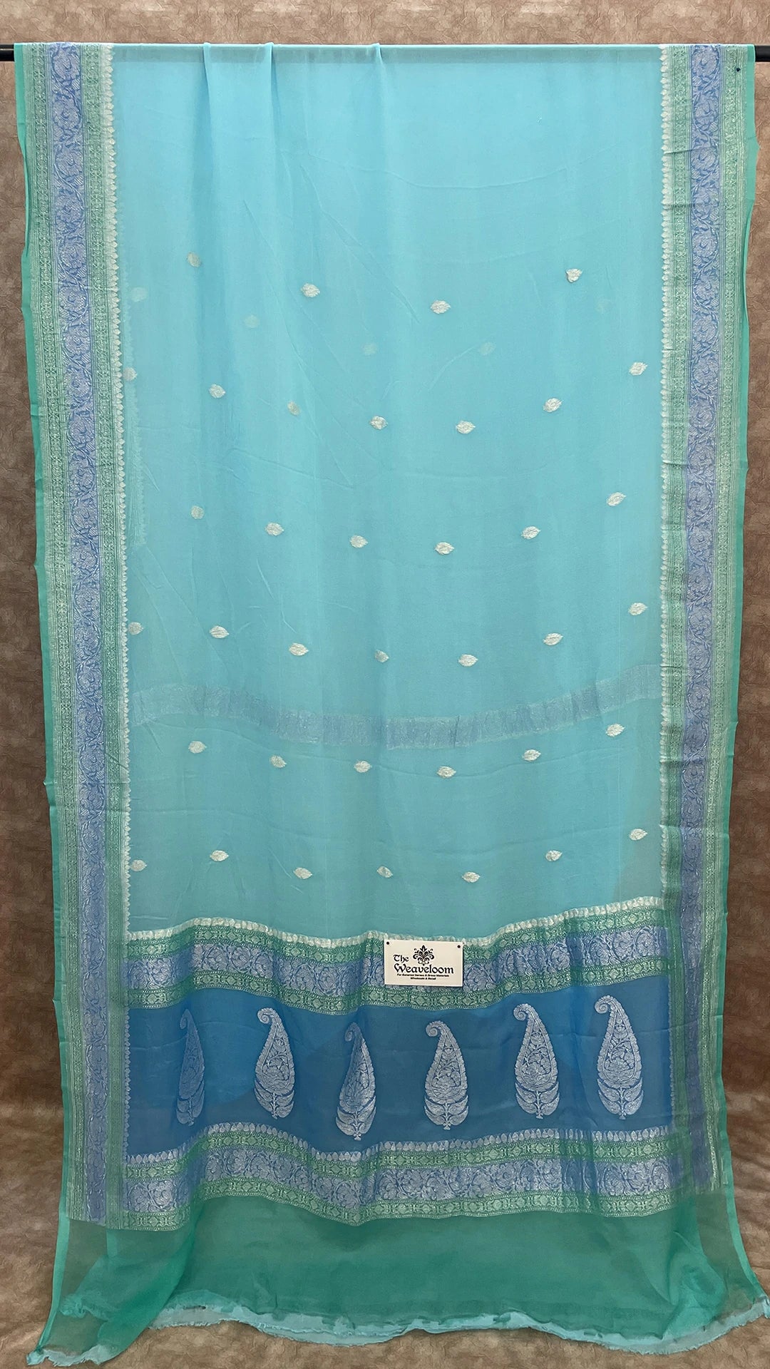 Light Firozi Pure Khaddi Georgette Handwoven Kadwa Banarasi Saree by The Weaveloom