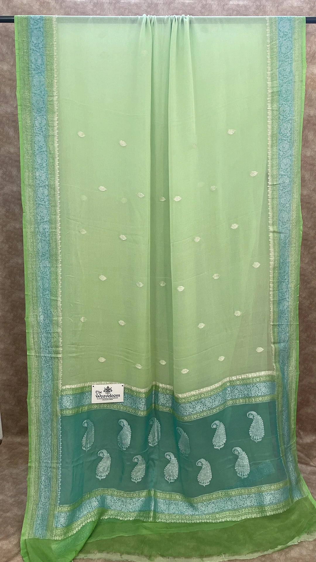 Light Pista Green Pure Khaddi Georgette Handloom Kadwa Banarasi Saree from The Weaveloom