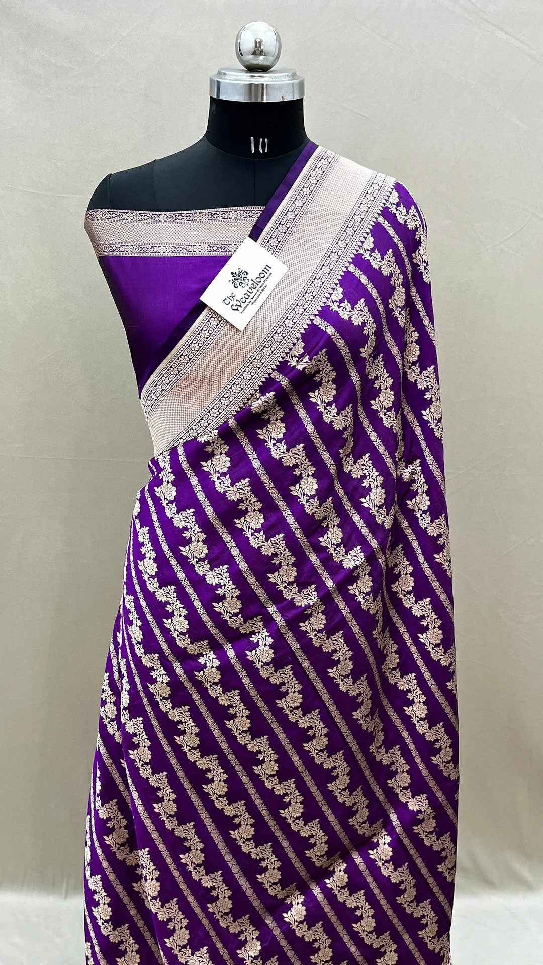 Magenta Pure Katan Silk Banarasi Saree with Zari Floral Stripes by The Weaveloom