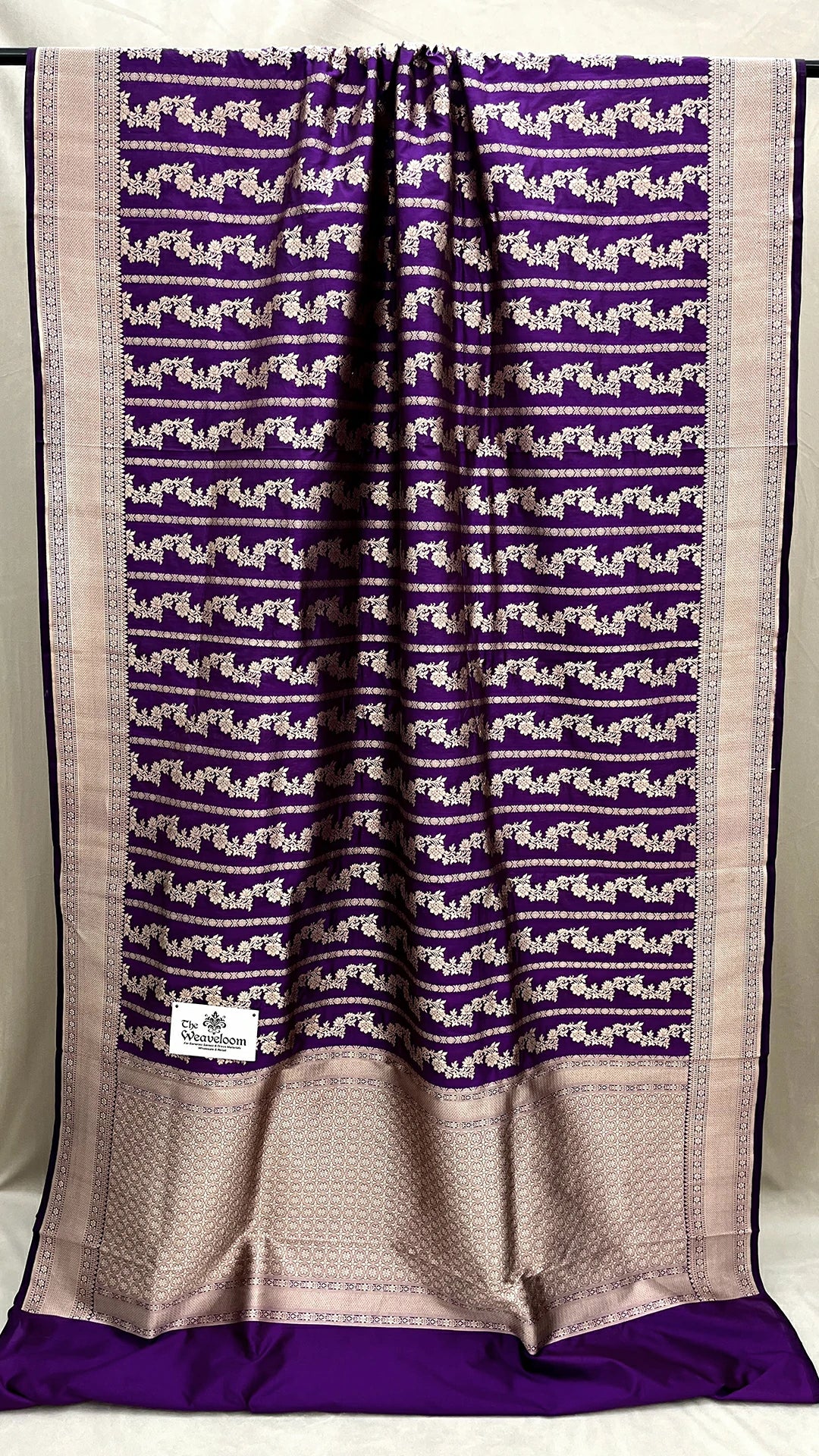 Magenta Pure Katan Silk Banarasi Saree with Zari Floral Stripes by The Weaveloom