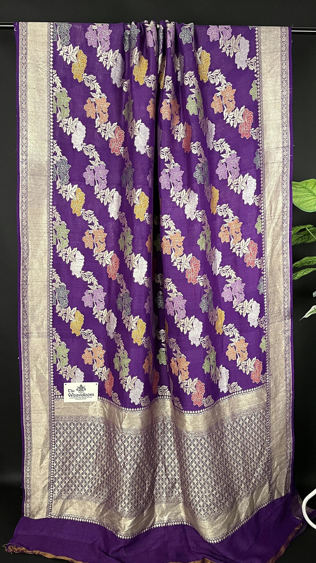 Magenta Pure Tussar Georgette Meenakari Banarasi Saree by The Weaveloom with antique silver-gold zari border, floral jangla and running blouse