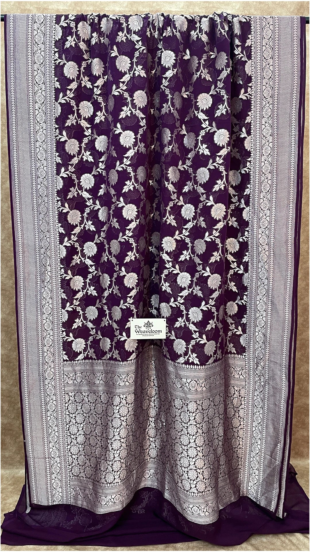 Magenta Khaddi Georgette Banarasi Saree with Silver Zari by The Weaveloom