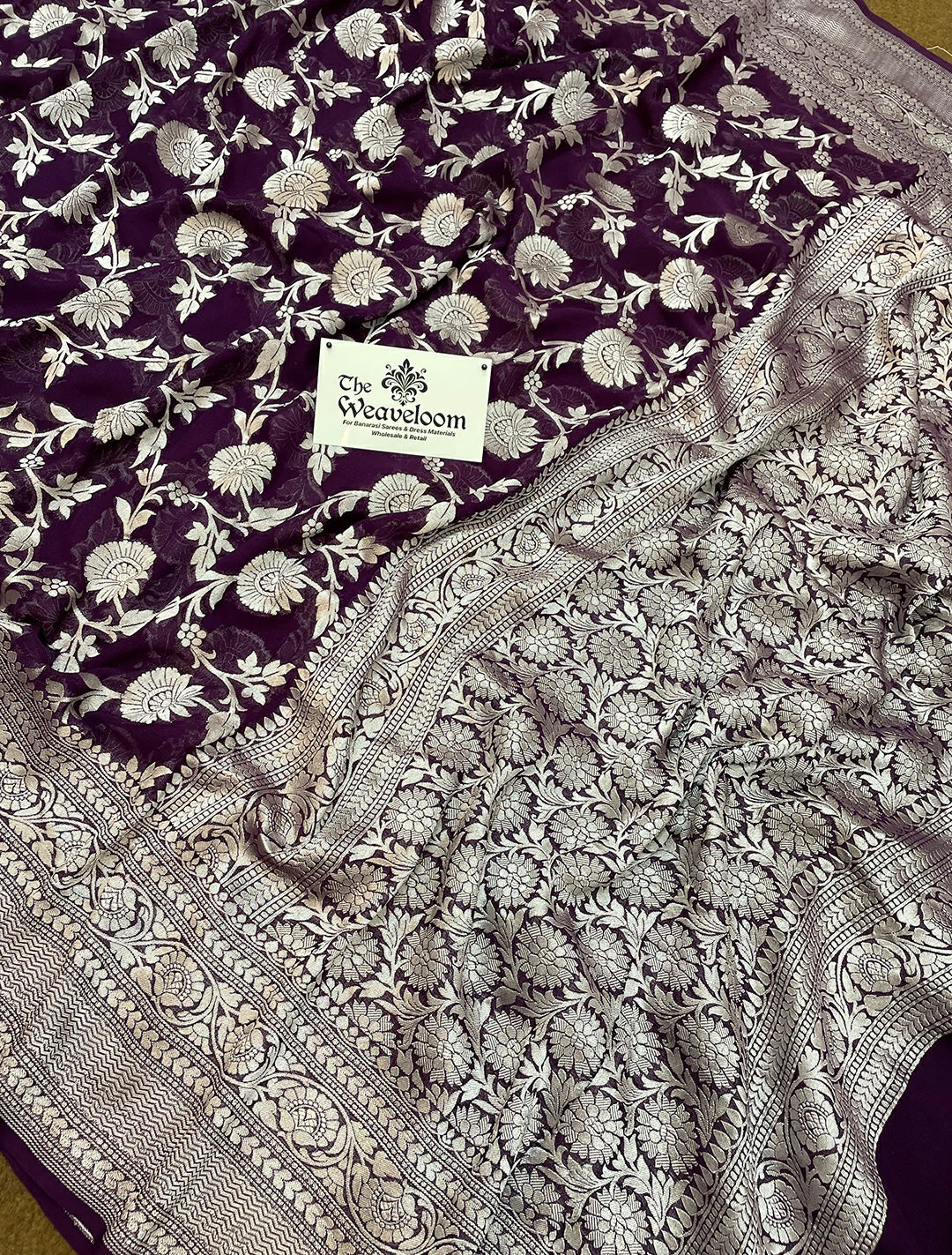 Magenta Khaddi Georgette Banarasi Saree with Silver Zari by The Weaveloom
