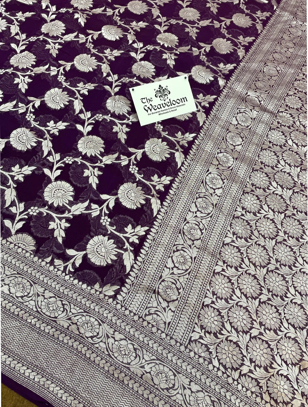 Magenta Khaddi Georgette Banarasi Saree with Silver Zari by The Weaveloom