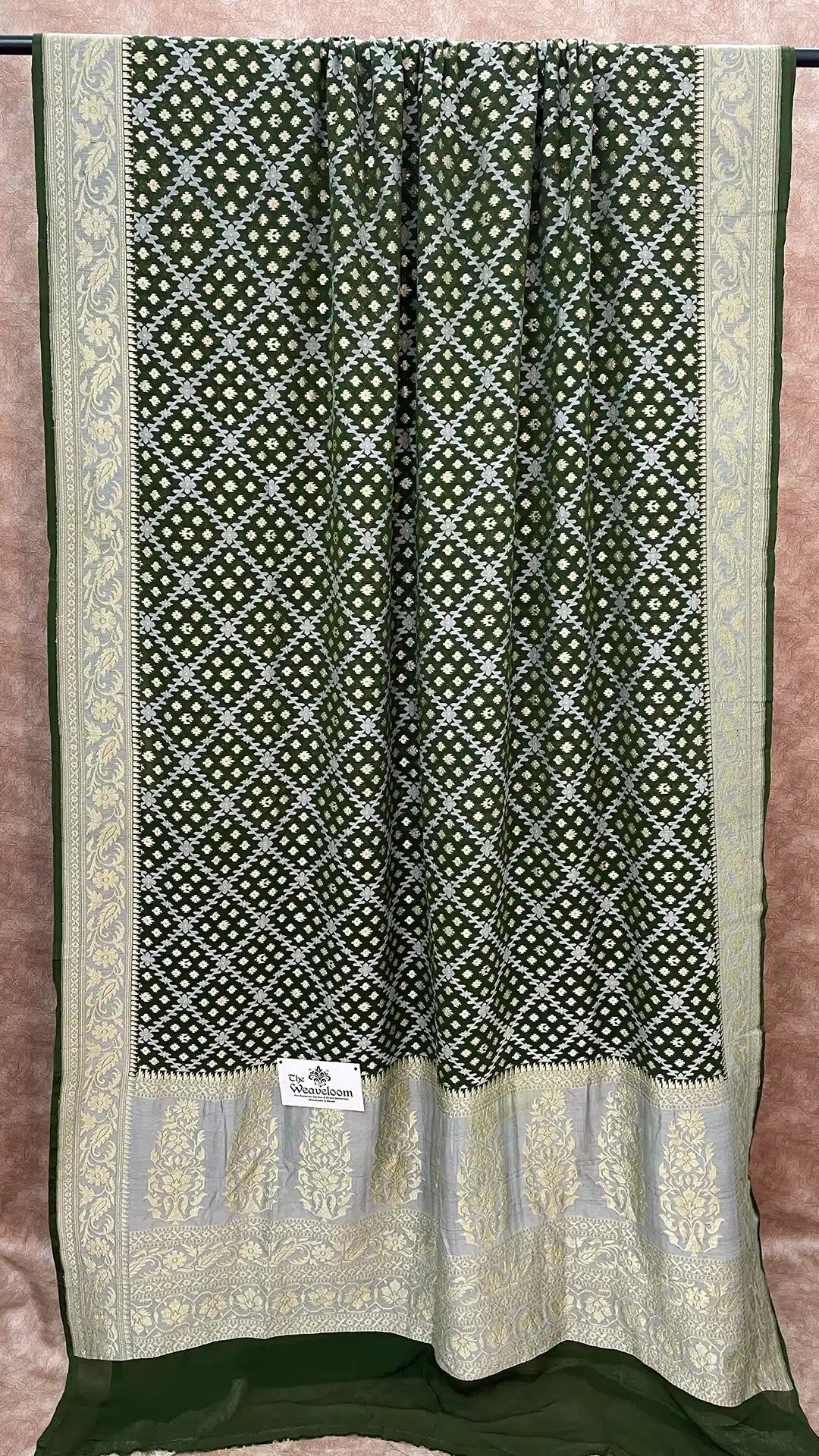 Mehendi Green Pure Khaddi Georgette Meenakari Banarasi Saree by The Weaveloom