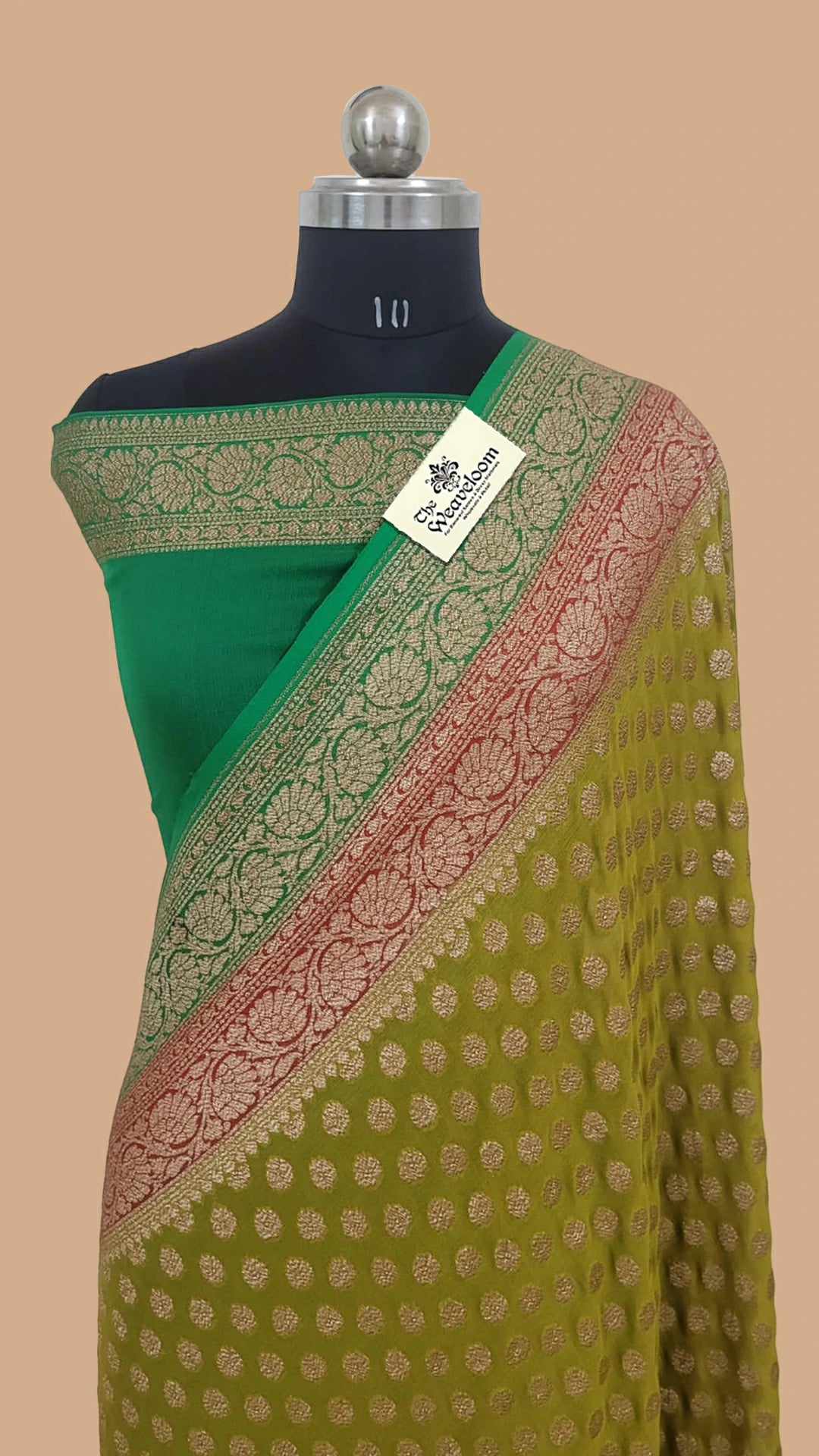 Mustard Pure Khaddi Georgette Antique Zari Banarasi Saree with dual border floral motifs by The Weaveloom
