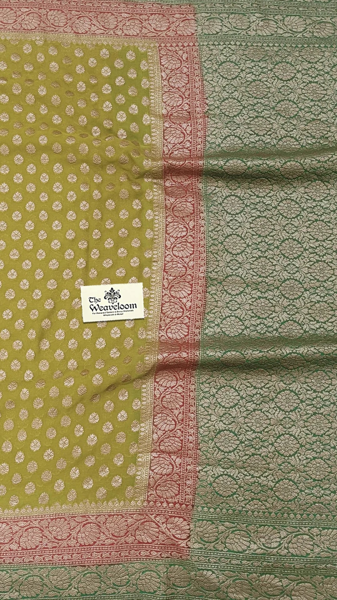 Mustard Pure Khaddi Georgette Antique Zari Banarasi Saree with dual border floral motifs by The Weaveloom
