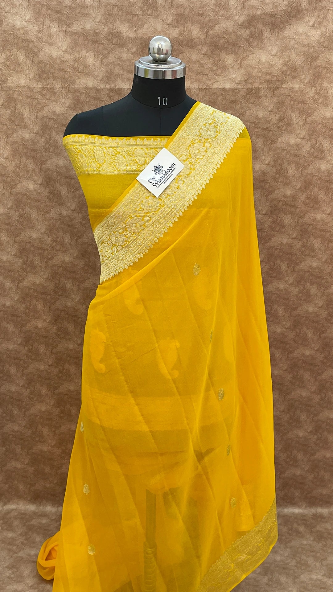 Mustard yellow pure khaddi georgette kadwa handloom Banarasi saree with silver zari from The Weaveloom
