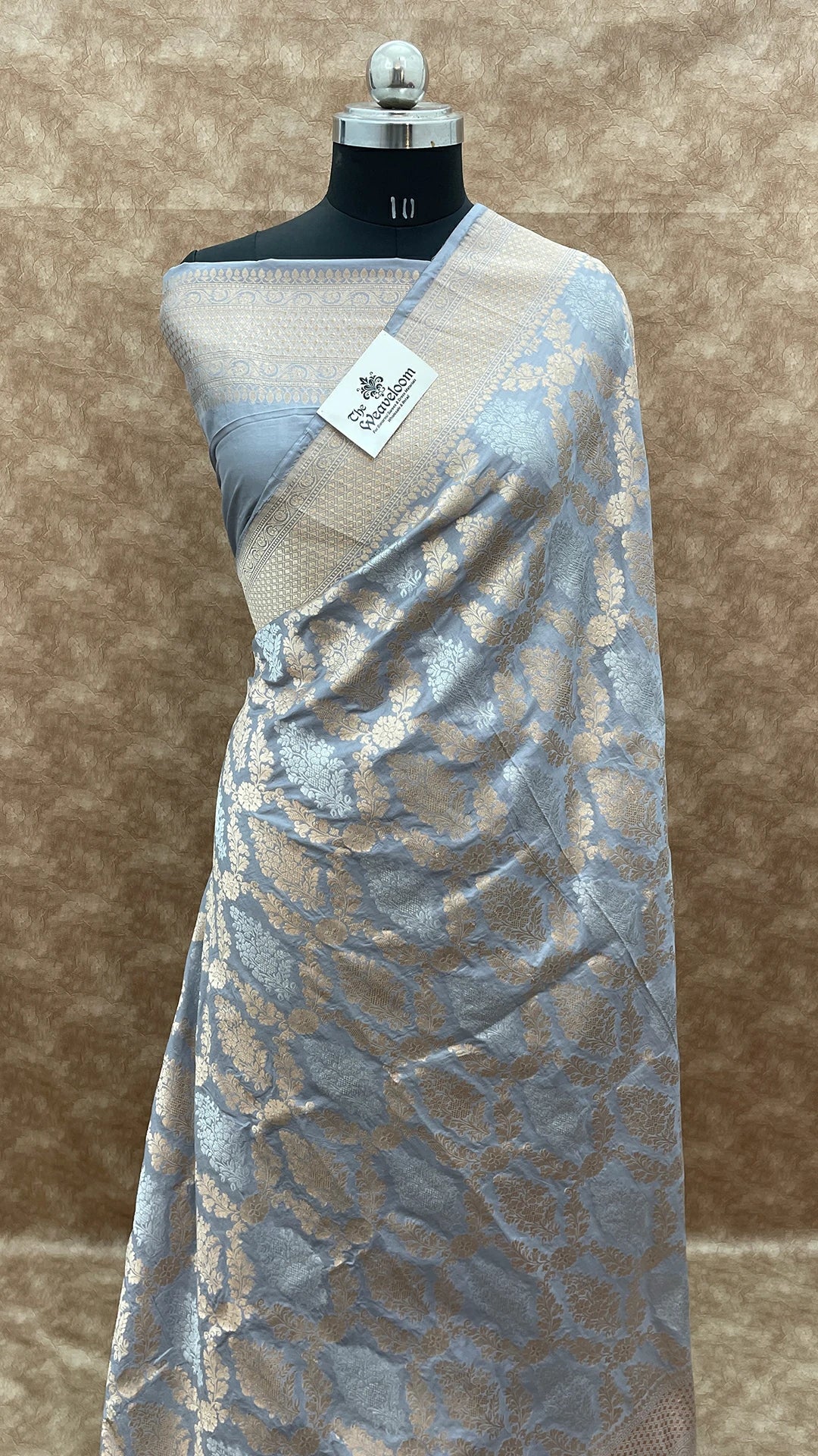 Nita Ambani Grey Pure Katan Silk Banarasi Saree With Sona Rupa Motifs by The Weaveloom