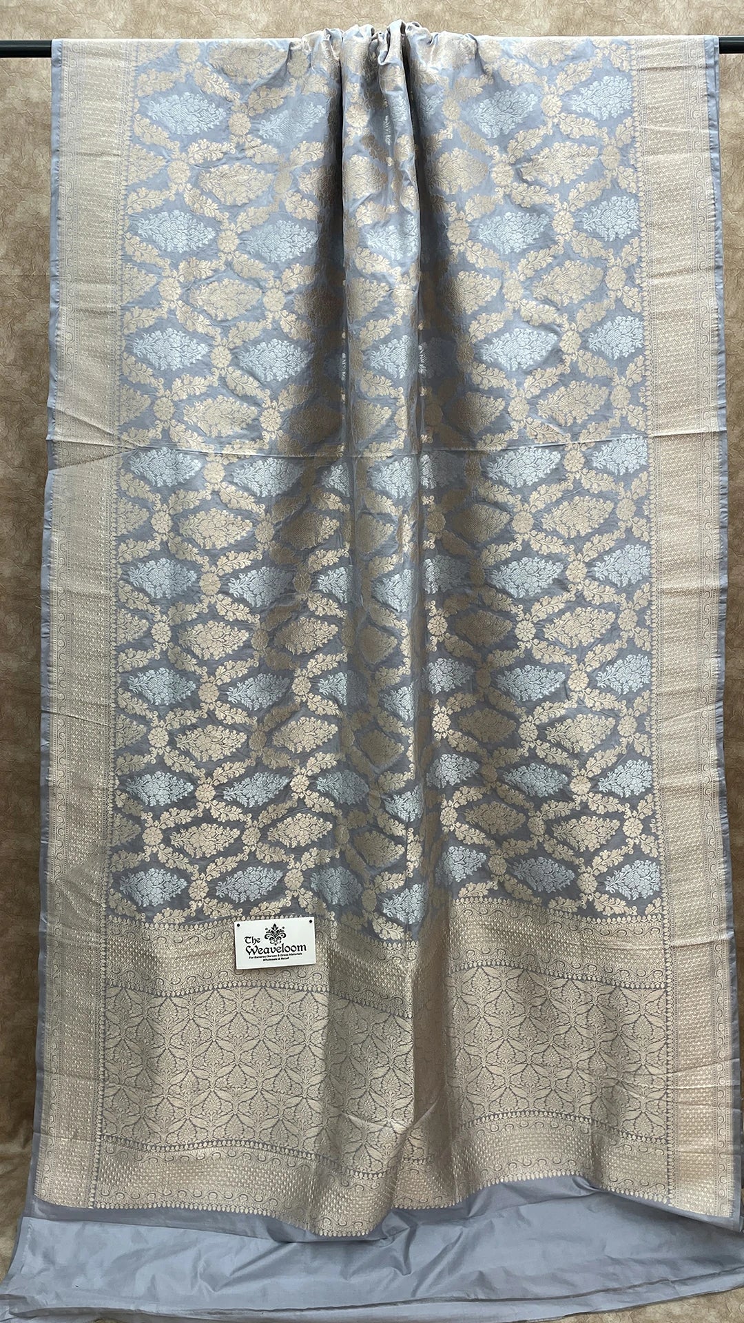 Nita Ambani Grey Pure Katan Silk Banarasi Saree With Sona Rupa Motifs by The Weaveloom