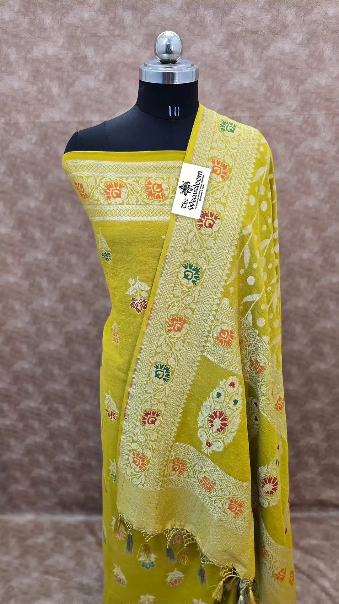 The Weaveloom Olive Mehendi Moonga silk Banarasi dress material with Meenakari dupatta – unstitched salwar suit