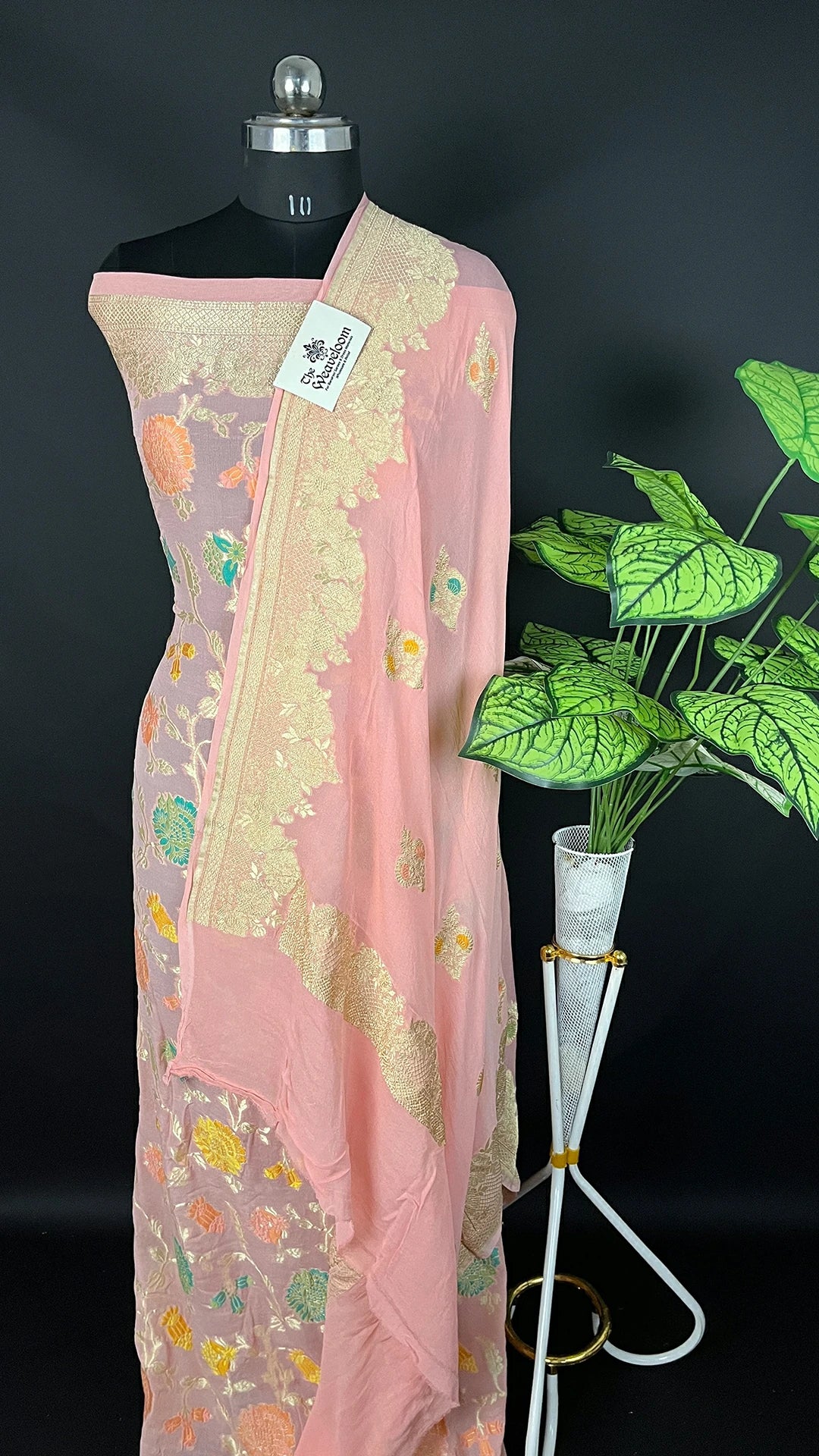 Peach Khaddi Georgette Tilfi Meenakari Pure Banarasi Dress Material by The Weaveloom with Dupatta