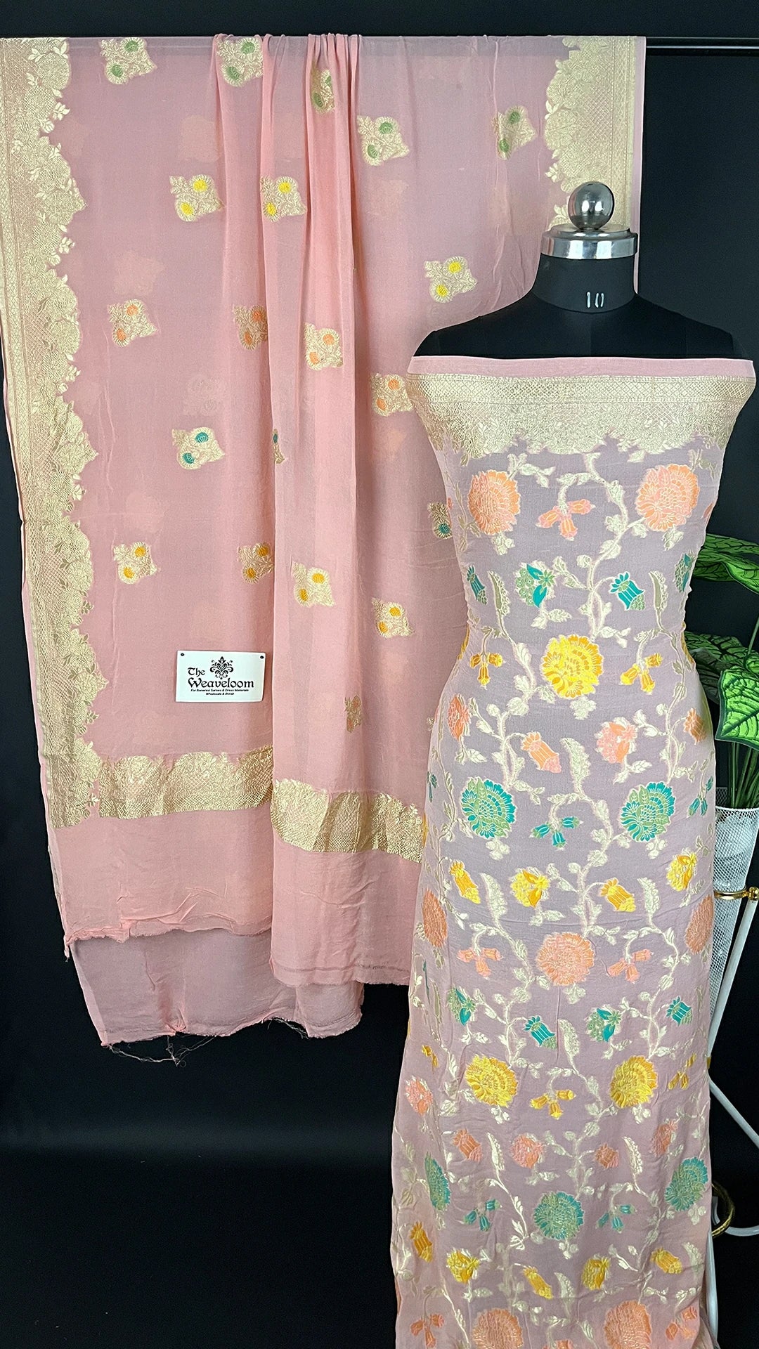 Peach Khaddi Georgette Tilfi Meenakari Pure Banarasi Dress Material by The Weaveloom with Dupatta