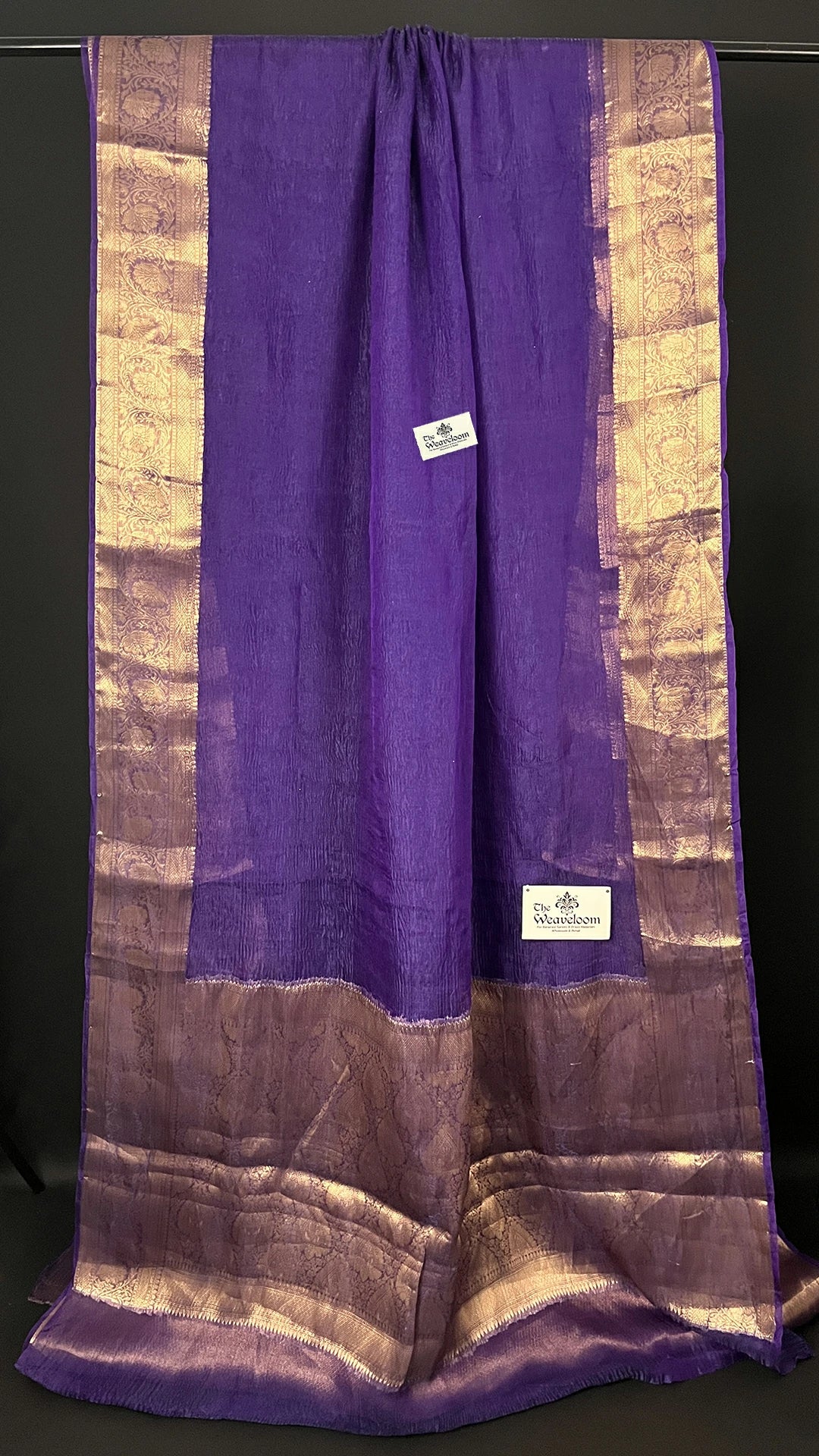 Purple Crush Tissue Silk Pure Banarasi Saree Gold Zari Border Pallu - The Weaveloom