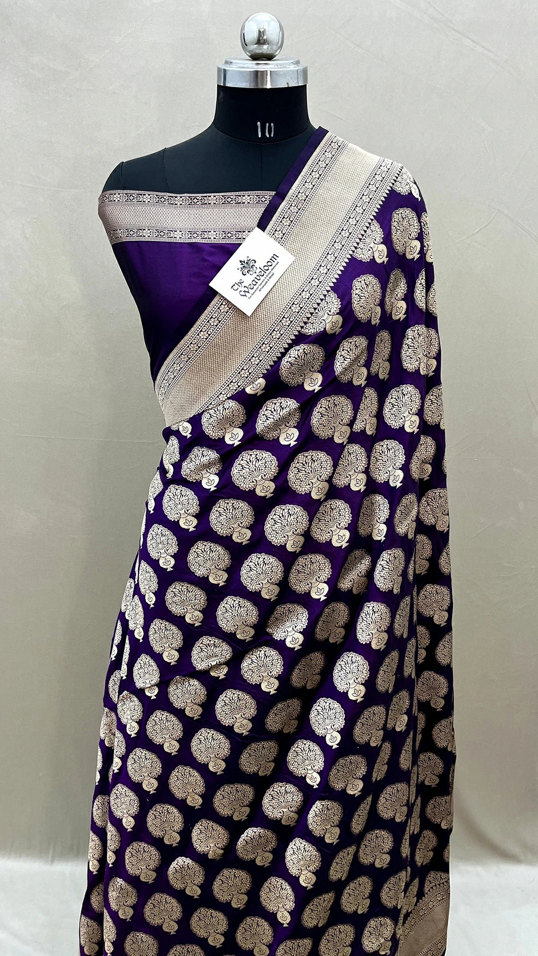 Purple Katan Silk Banarasi Saree with Golden Zari Buta and Contrast Border by The Weaveloom