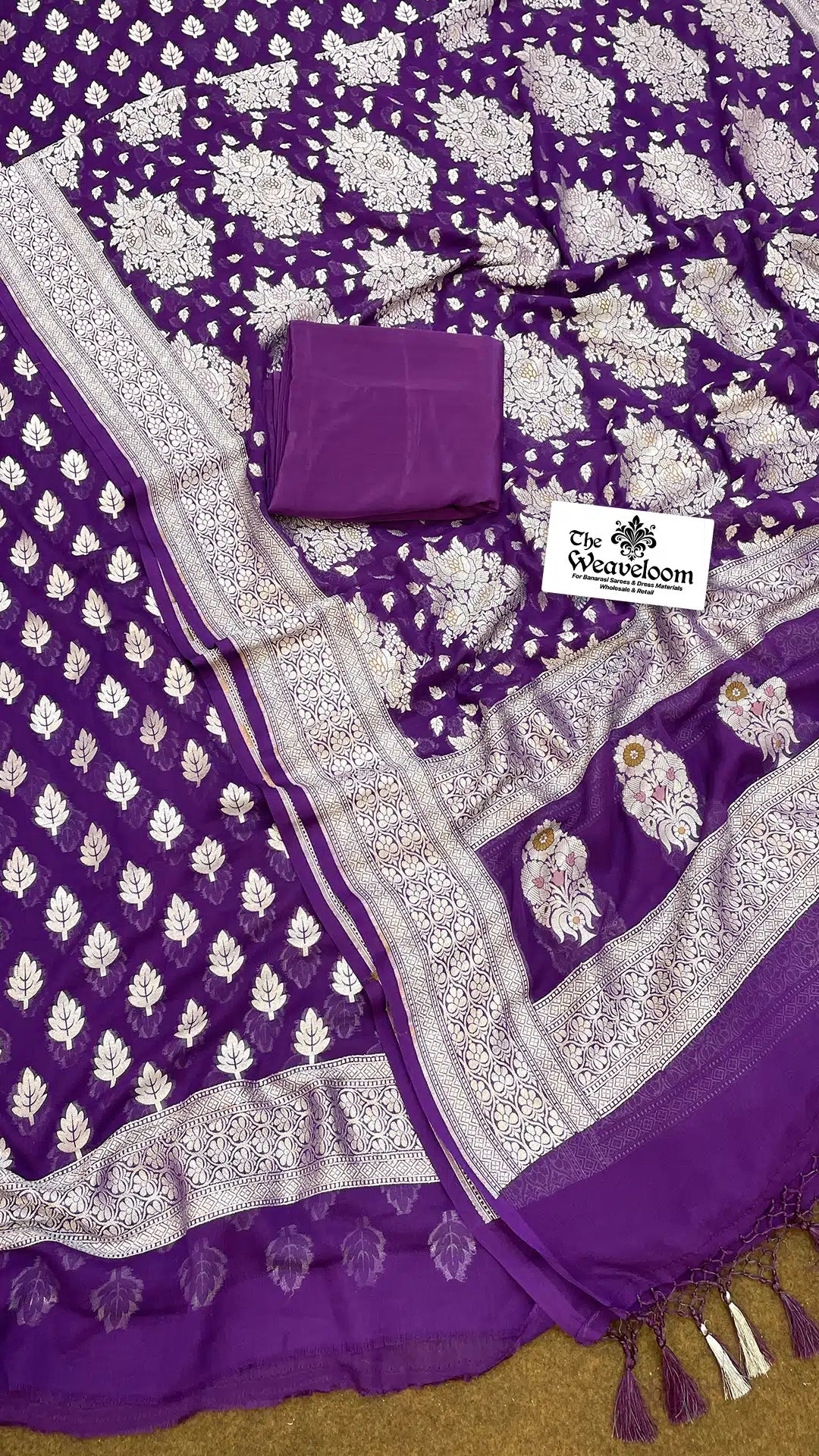 The Weaveloom purple georgette Banarasi dress material with silver zari and Meenakari dupatta – unstitched salwar suit set