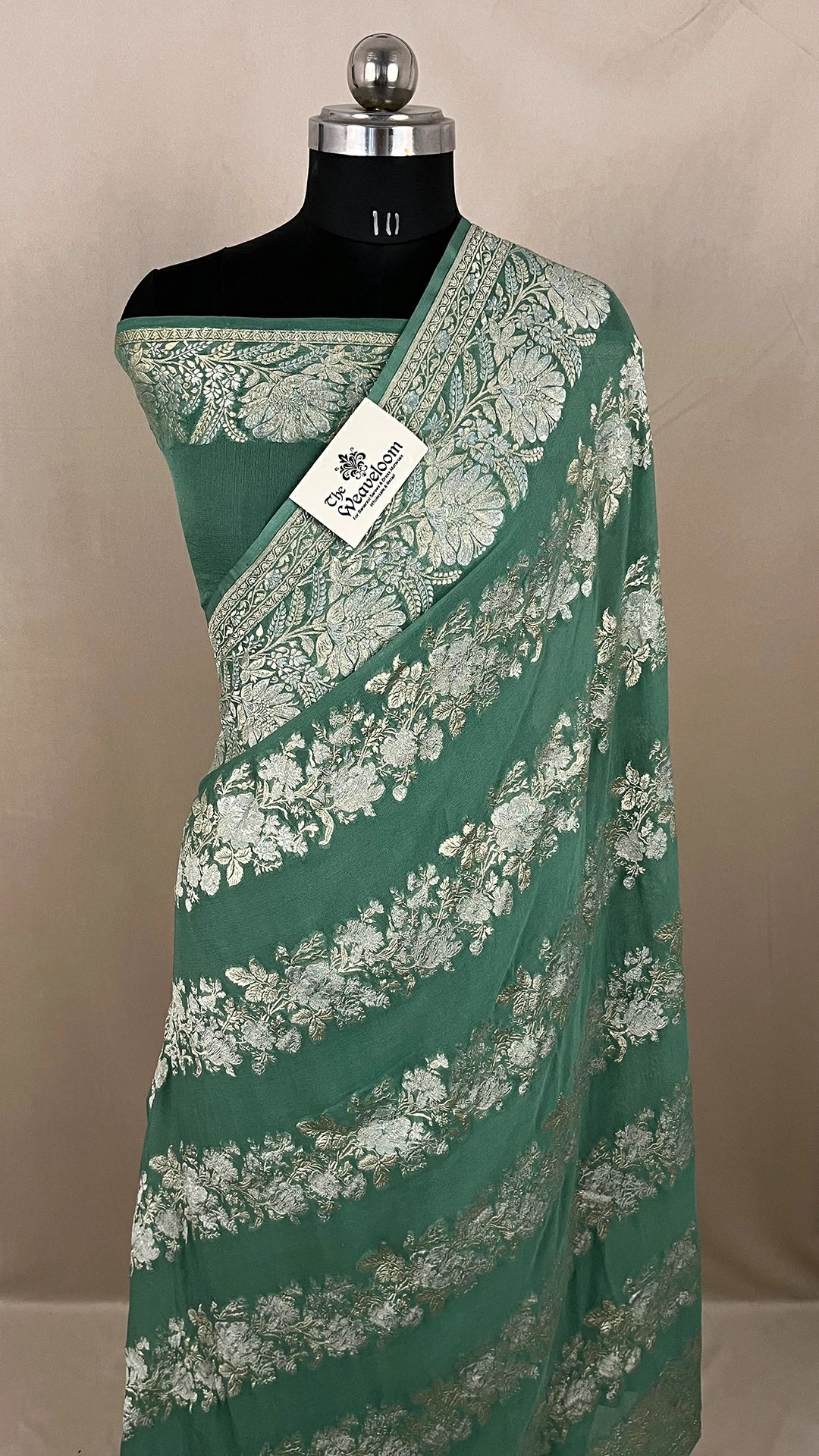 Rama Green Khaddi Georgette Banarasi Saree with Sona Rupa Water Zari Floral Jaal and Border from The Weaveloom