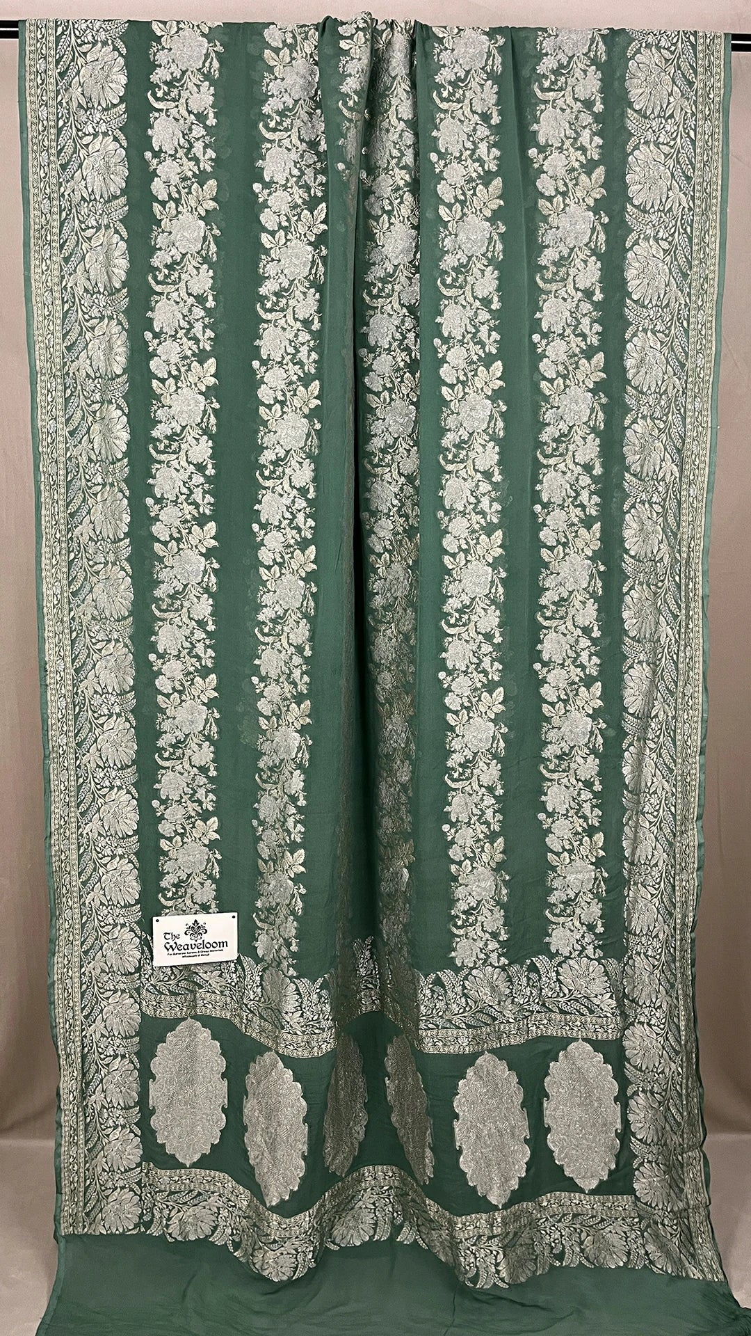 Rama Green Khaddi Georgette Banarasi Saree with Sona Rupa Water Zari Floral Jaal and Border from The Weaveloom