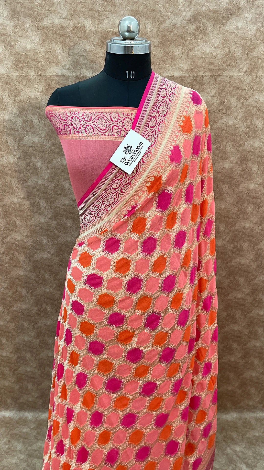 Rangkat Khaddi Georgette Pure Banarasi Saree in Blush Pink and Orange by The Weaveloom